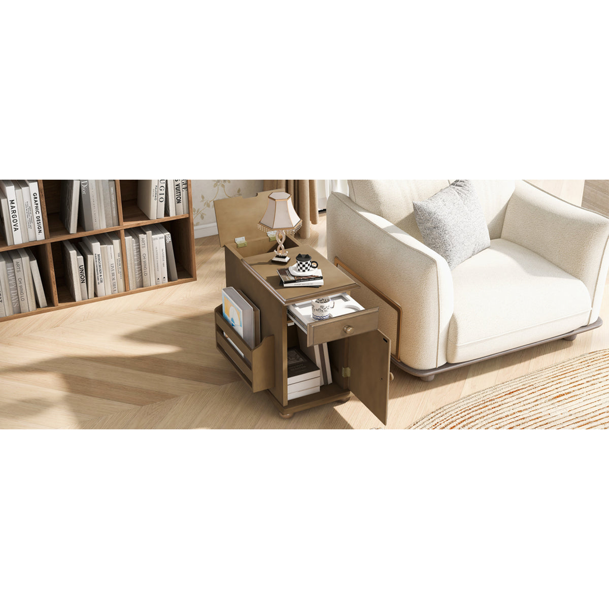variant-group:rf-n724p293133d|Roomfitters Vintage Sofa Side Table with USB Ports, Flip Top, Cup Holders and Bookshelf Storage for Small Spaces, Brown