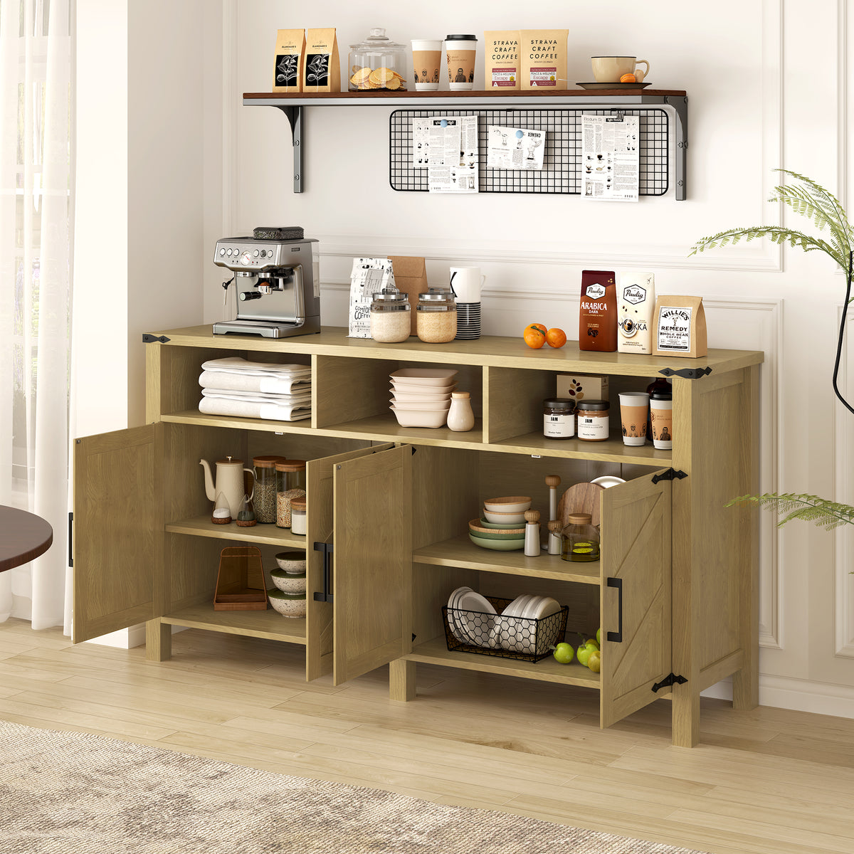 variant-group:rf-n711p347407o|Roomfitters 59" Sideboard Buffet Cabinet with 4 Door & Open Storage, Modern Farmhouse Industrial Coffee Bar Station, Natural