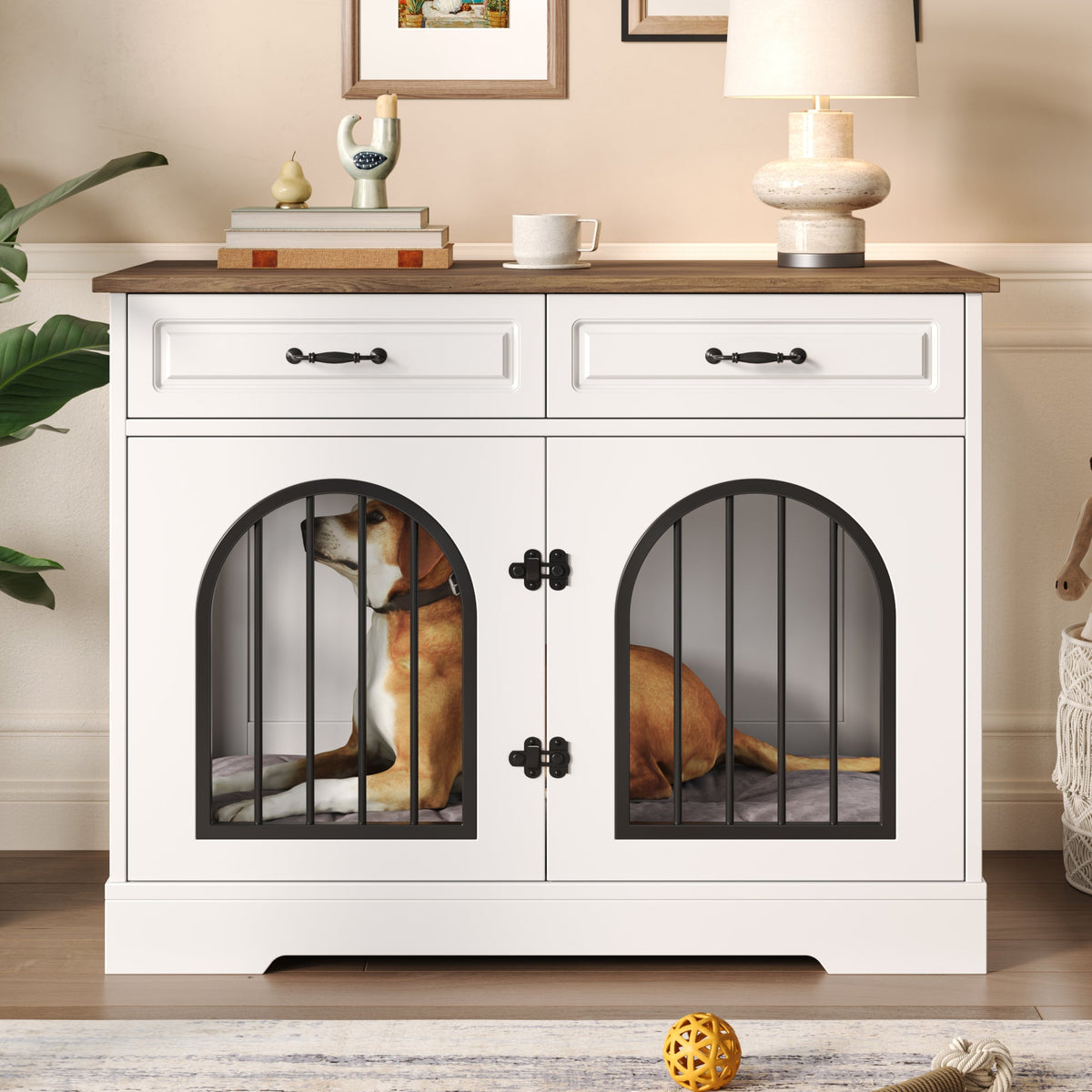 Roomfitters 43-Inch Heavy Duty Indoor Dog Crate Furniture End Table with Escape Proof Arched Doors White Brown Roomfitters