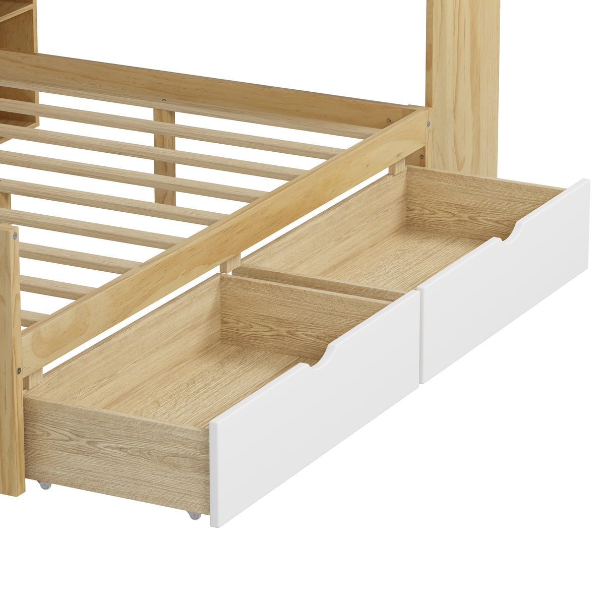 Roomfitters Wooden L-Shape Daybed with Seven Storage Cabinets and Two Storage Compartments, Multi-functional Bed with Study Desk and Built-in Bookshelf, Natural+White