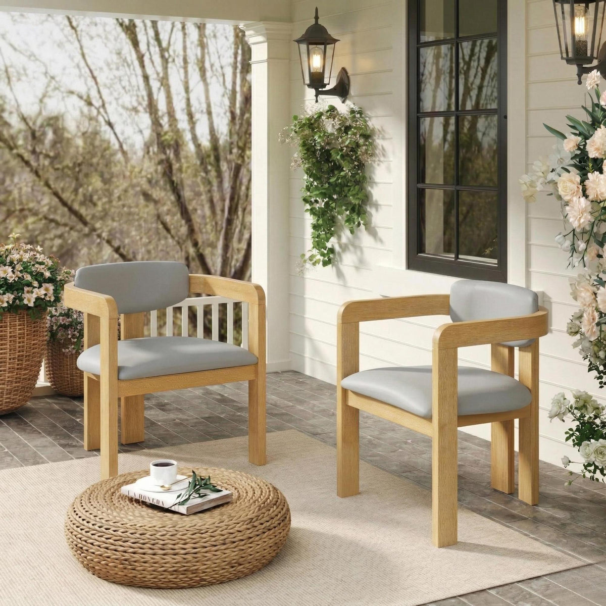Roomfitters Set of 2 Outdoor Acacia Wood Dining Chairs with Fixed Ergonomic Wraparound Backrest Gray Cushions Roomfitters