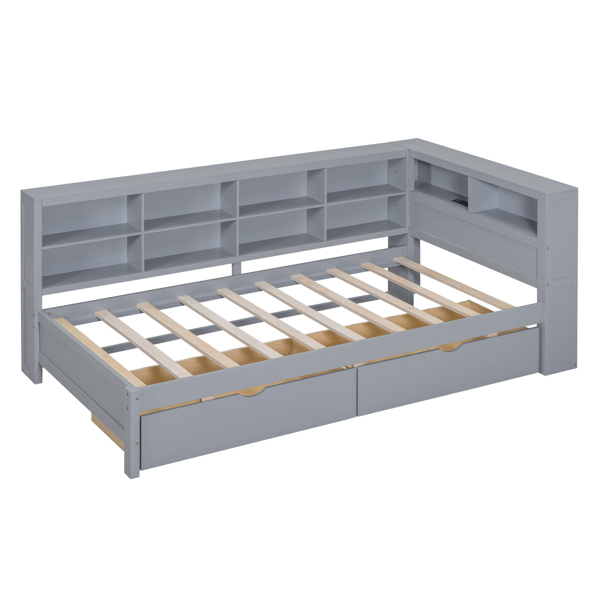 variant-group:rf-n733s347768e|Roomfitters Wooden Twin Daybed with Underbed Storage, Built-In Shelf & USB Charging Ports, Gray