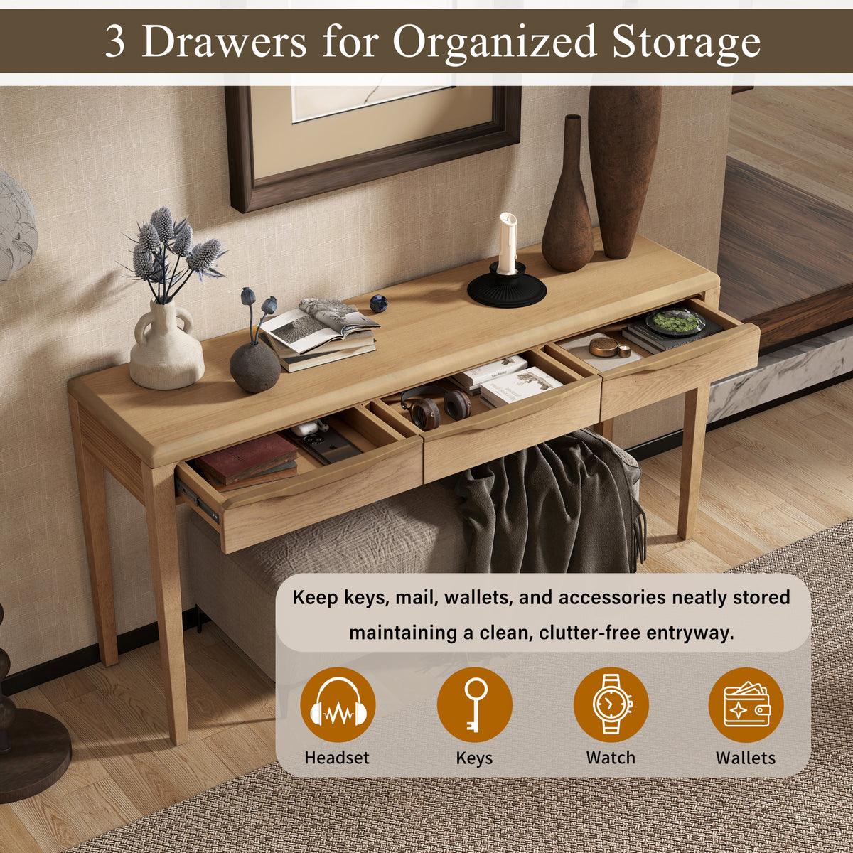 variant-group:rf-n711p401926n|Roomfitters Light Luxury Natural Oak Veneer Console Table with 3 Wavy Curved Drawers and Soft Rounded Corners