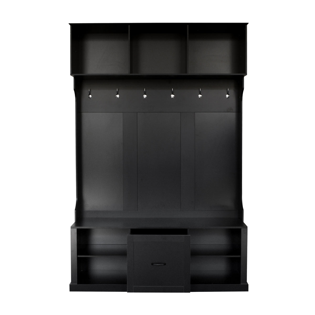 variant-group:rf-n724p264673b|Roomfitters 3-in-1 Hall Tree with 6 Hooks, Coat Rack and Entryway Bench, 57" Organizer with Drawer for Hallway or Living Room, Black