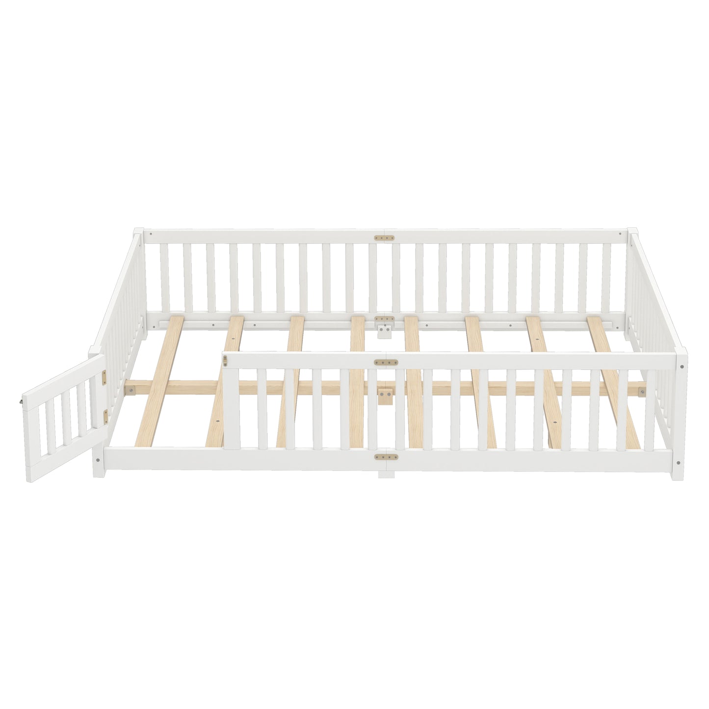 variant-group:rf-w1580p338953|Roomfitters Wooden Queen Floor Bed Frame with Door & Safety Guardrails, Low Platform Design for Bedroom or Playroom, White
