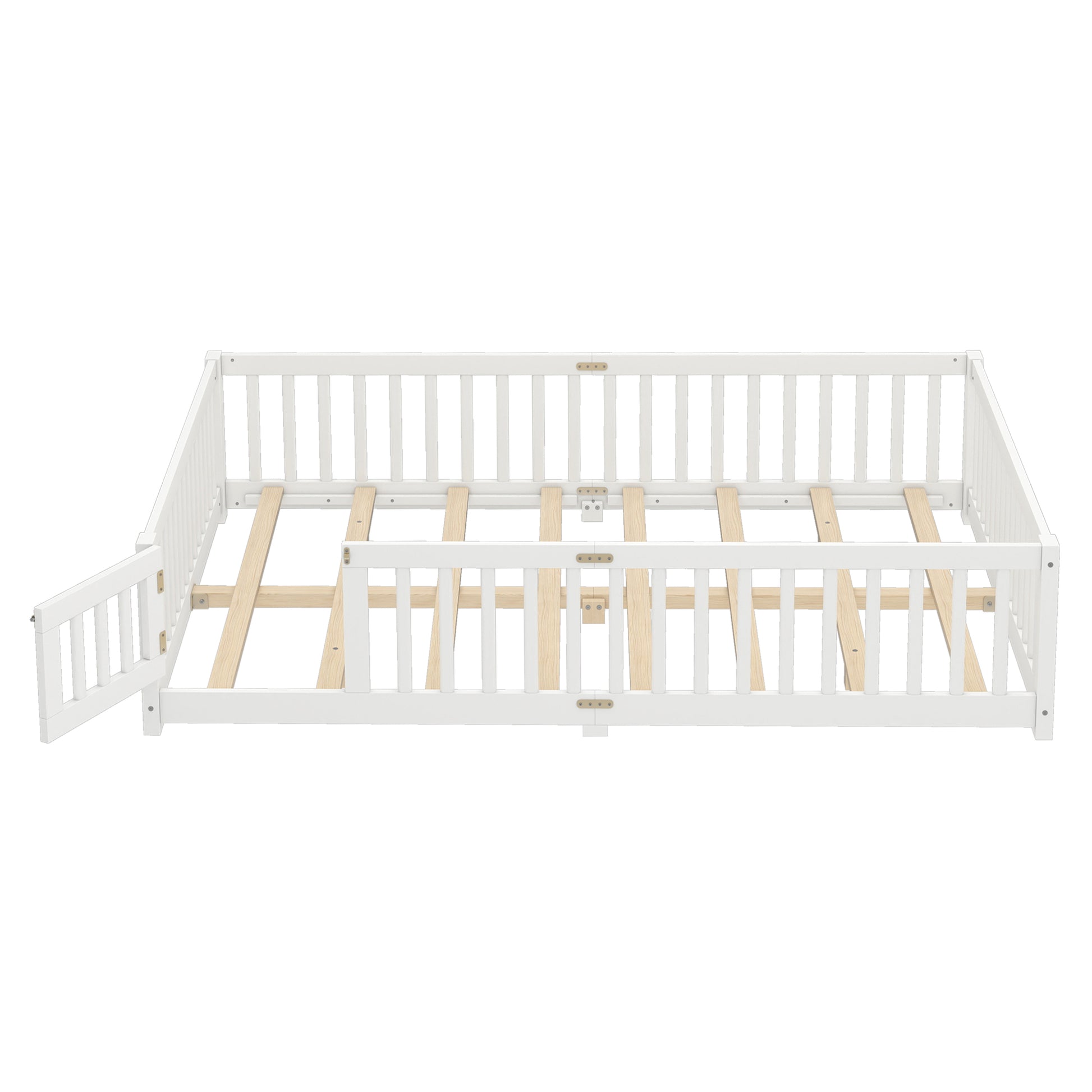 variant-group:rf-w1580p338953|Roomfitters Wooden Queen Floor Bed Frame with Door & Safety Guardrails, Low Platform Design for Bedroom or Playroom, White