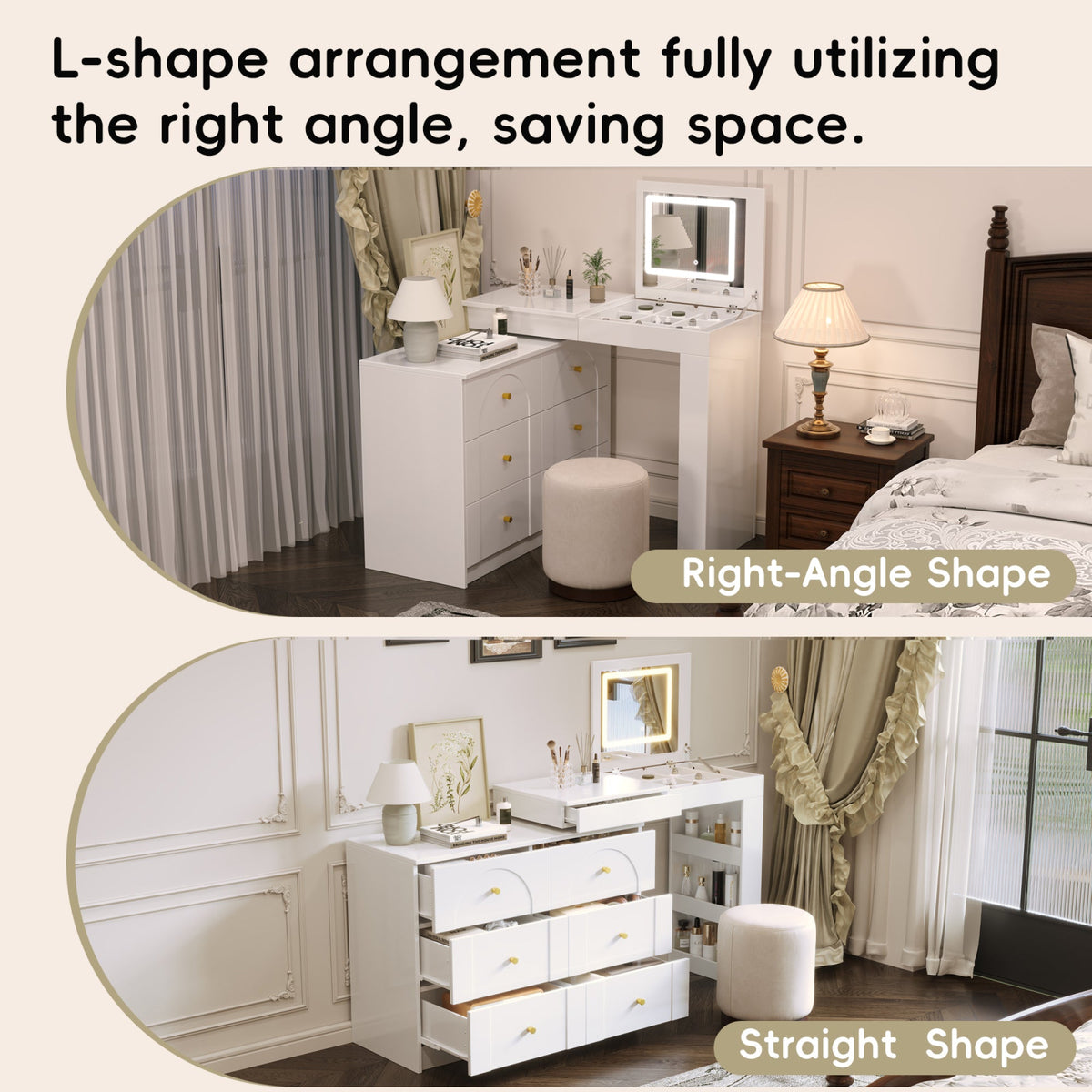 Roomfitters Vanity Desk with Mirror & Lights, Flip-Top Makeup Table with 7 Drawers, 9 Compartments, 3 Shelves, White