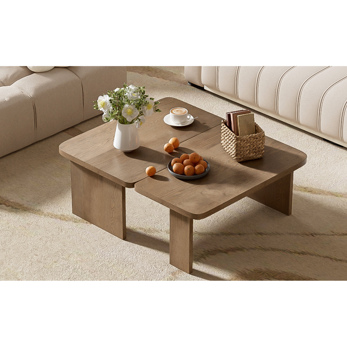 variant-group:rf-n724p232174d|Roomfitters Minimalist Coffee Table Set, Rectangular Center Table with Two-Tone Design, Natural
