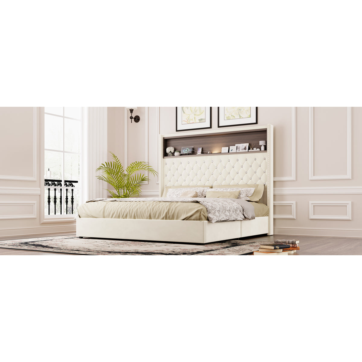 variant-group:rf-n733p367135a|Roomfitters Queen Velvet Tufted Platform Bed with Charging Ports, Tall Wingback Headboard with Rivet Trim and Shelf, Beige