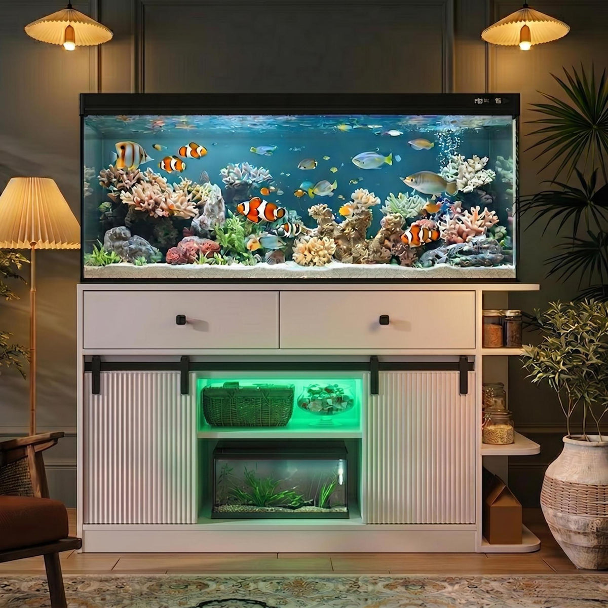 Roomfitters 75 Gallon Fish Tank Stand with Smart App RGB LED Lights Sliding Fluted Doors and Power Outlets White Roomfitters