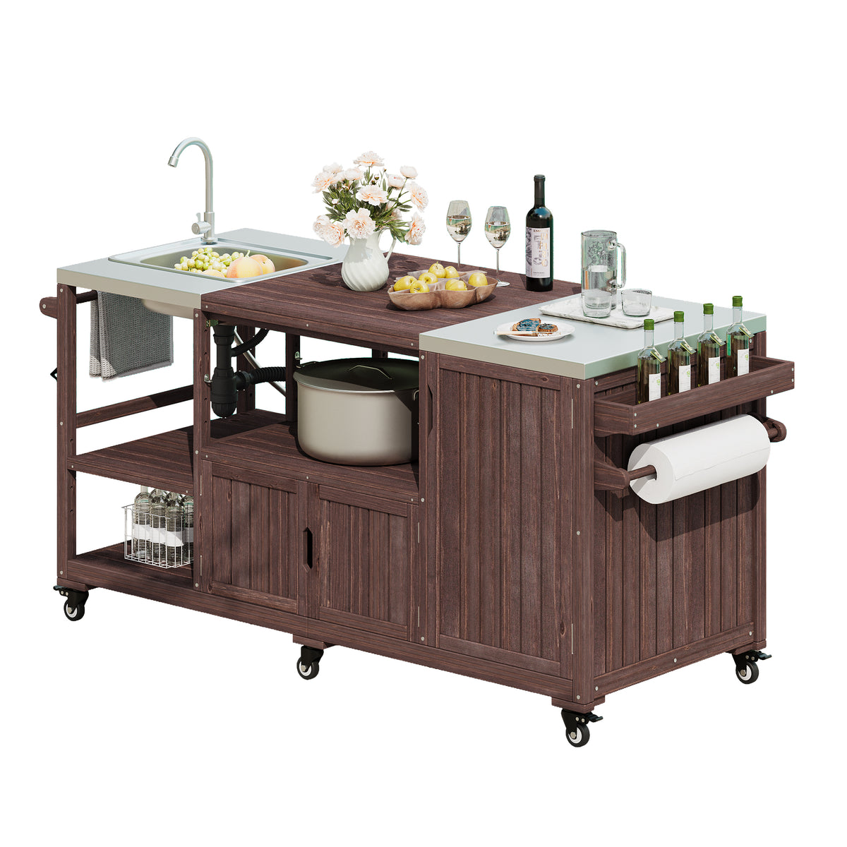 variant-group:rf-n707s000022z|Roomfitters 75.4" Outdoor Kitchen Island with Sink, Fir Wood Grill Cart for XL Green Egg & Tabletop Grills, Brown