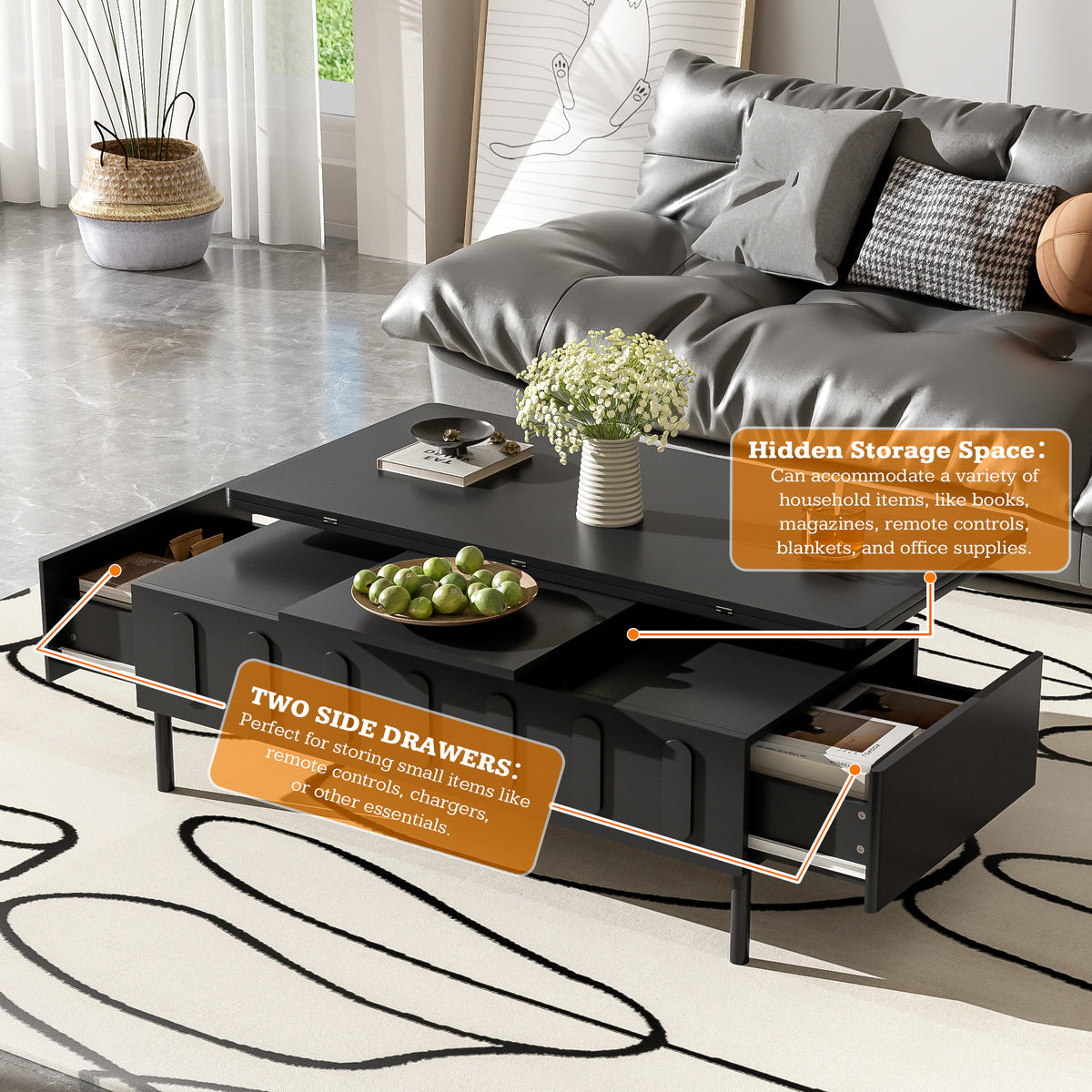 variant-group:rf-n724p292514b|Roomfitters Lift-Top Coffee Table with 2 Drawers and Foldable Top, Hidden Storage Compartment, Adjustable Center Table, Black