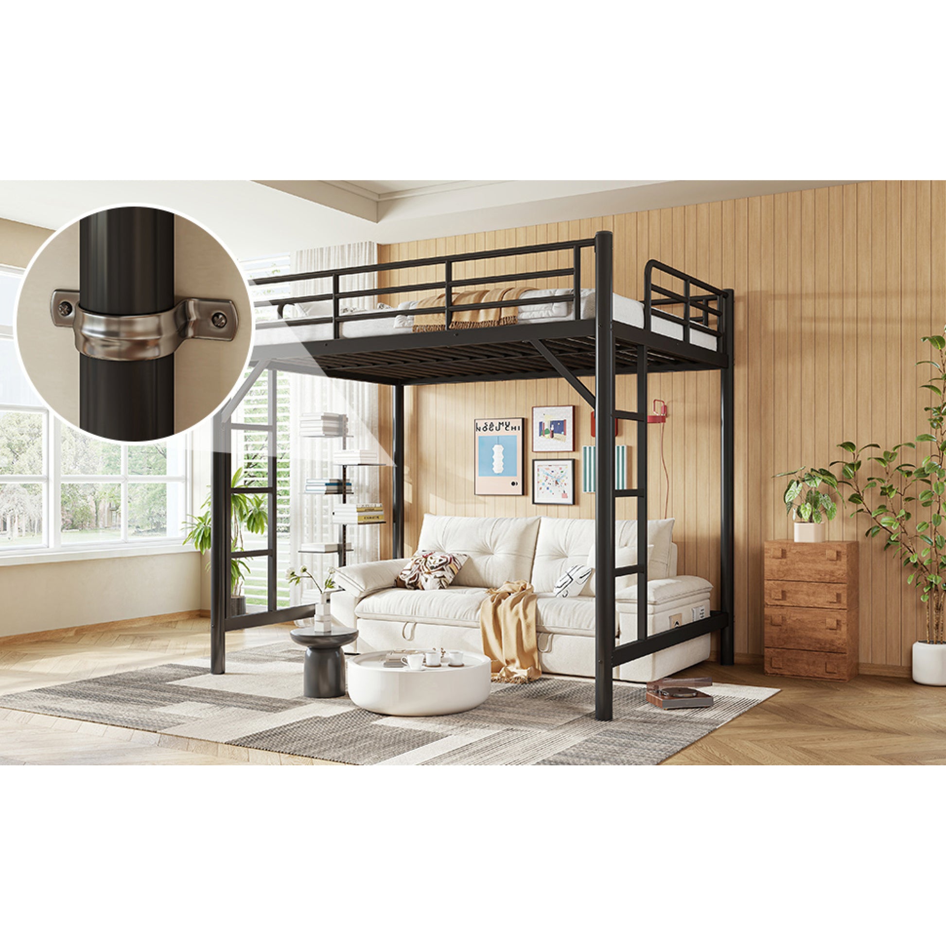 variant-group:rf-w1580p455015|Roomfitters Full Size Metal Loft Bed Frame with Guardrails, Heavy Duty Space Saving High Loft Bed Dual Ladders, Black