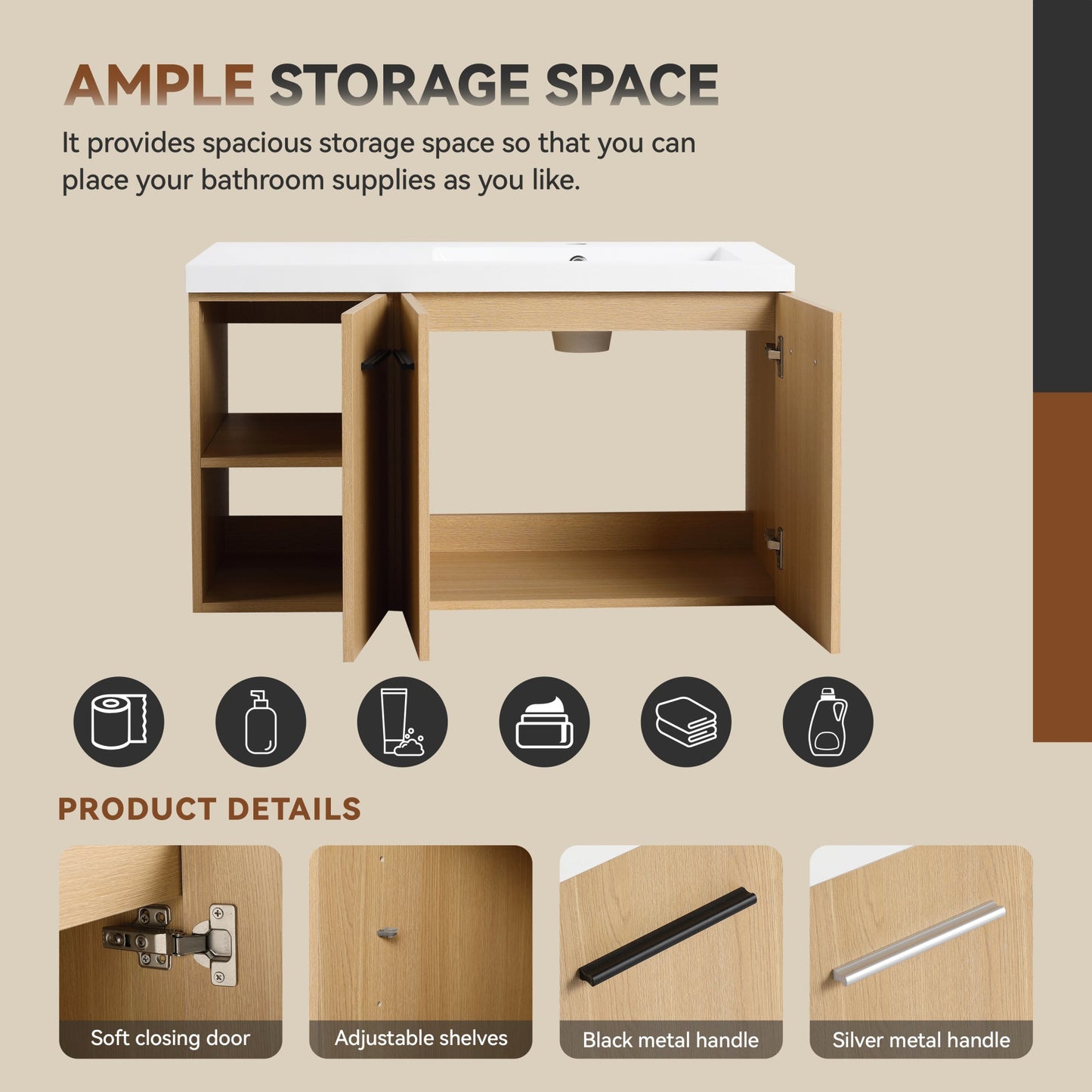 36" Wall-Mounted Floating Bathroom Vanity with Sink, Light Oak, 3-Door Modular Cabinet (2-Door + 1-Door), Gel Coat Integrated Sink Top, 3 Boxes, Ready-to-Assemble Roomfitters