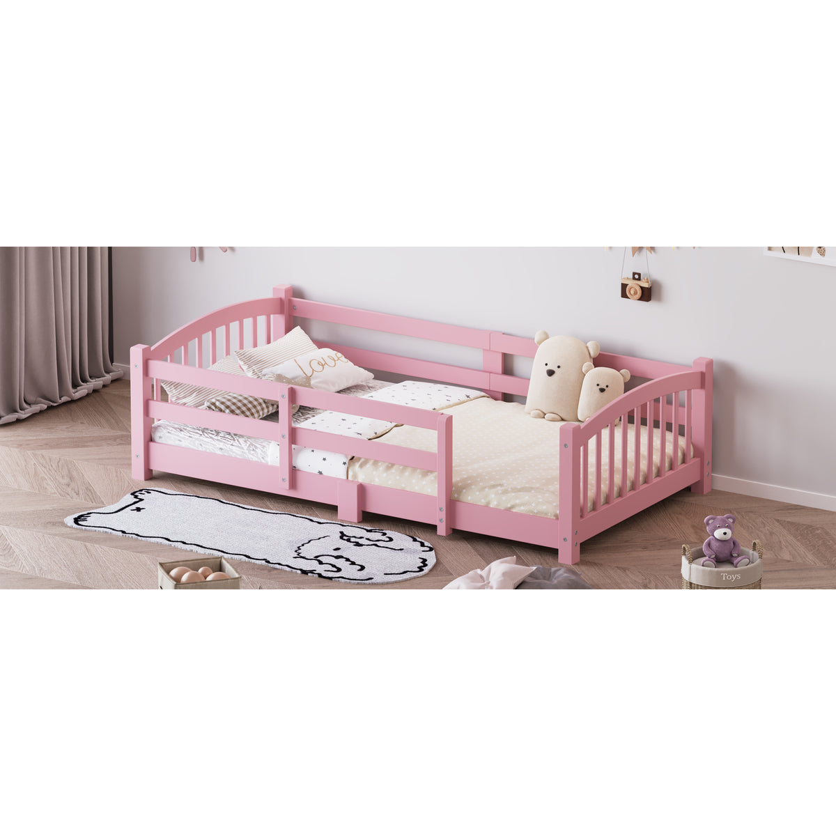 variant-group:rf-n733p400298h|Roomfitters Twin Montessori Floor Bed with Guardrails, Solid Wood Low Platform Bed with Slats, Easy Assembly, Pink