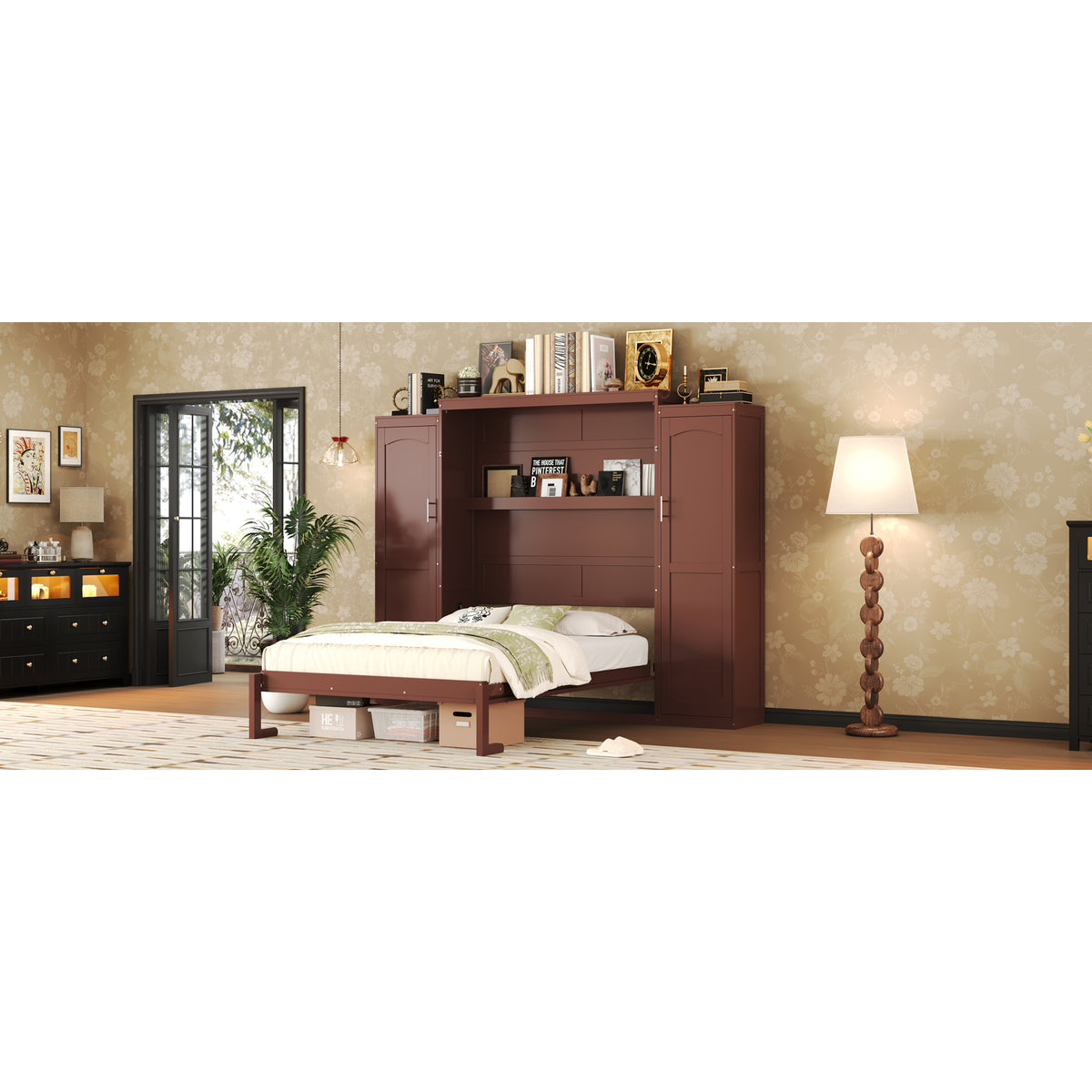 variant-group:rf-n733s235596d|Roomfitters Full Murphy Wall Bed with Two Wardrobes and Storage Shelf, Foldable Platform Bed Frame for Guest Room, Walnut