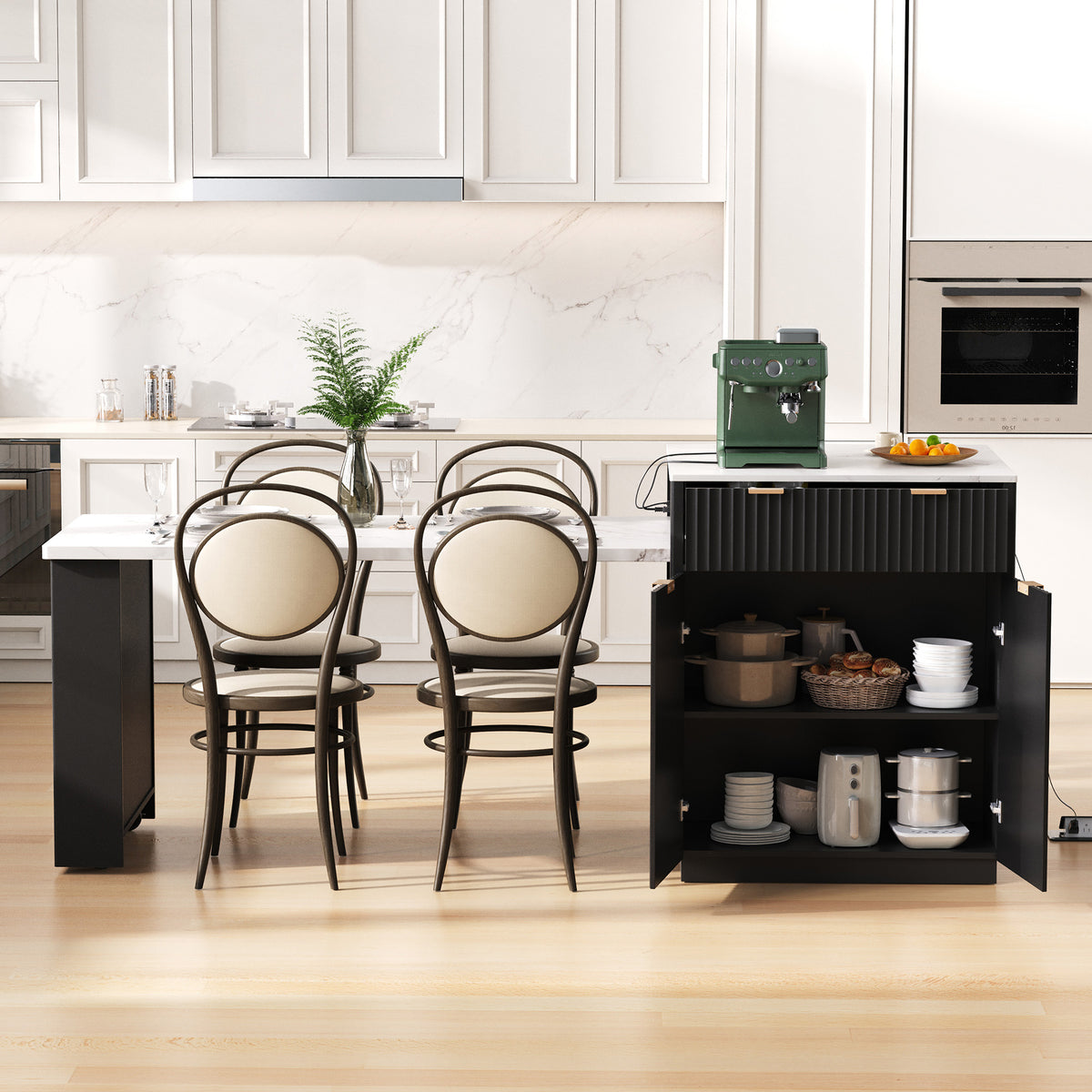 variant-group:rf-n707s000018b|Roomfitters 82.6" Fluted Kitchen Island with 51" Extendable Dining Table for 4-6, Power Outlet, Black