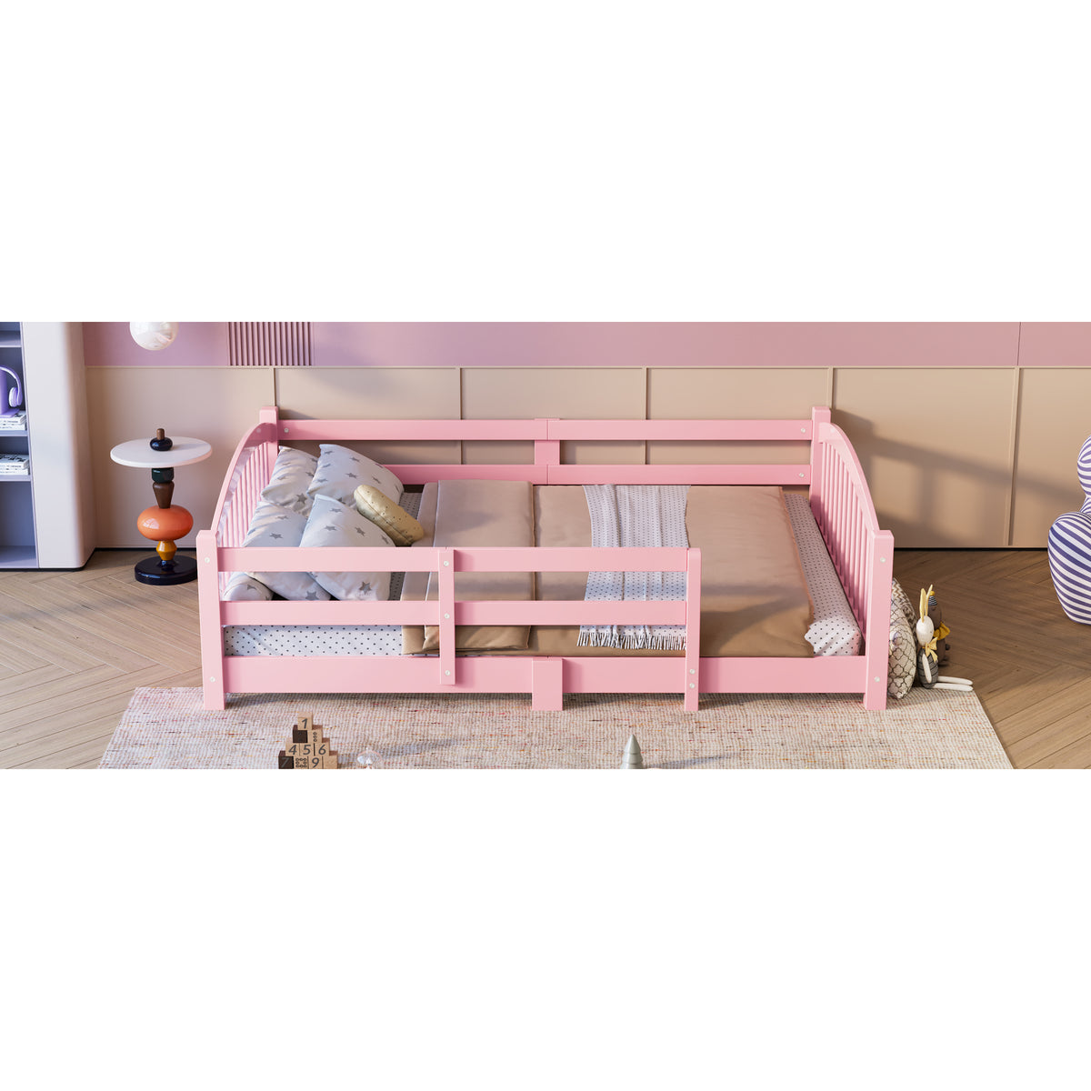 variant-group:rf-n733p400299h|Roomfitters Full Montessori Floor Bed with Guardrails, Solid Wood Low Platform Bed with Slats, Easy Assembly, Pink