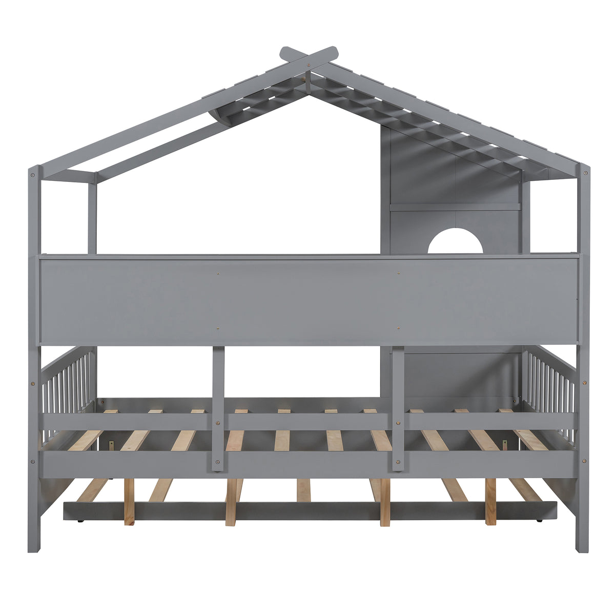 variant-group:rf-n733s316125e|Roomfitters Wooden Full Size House Bed with Trundle and Storage Shelf, Gray