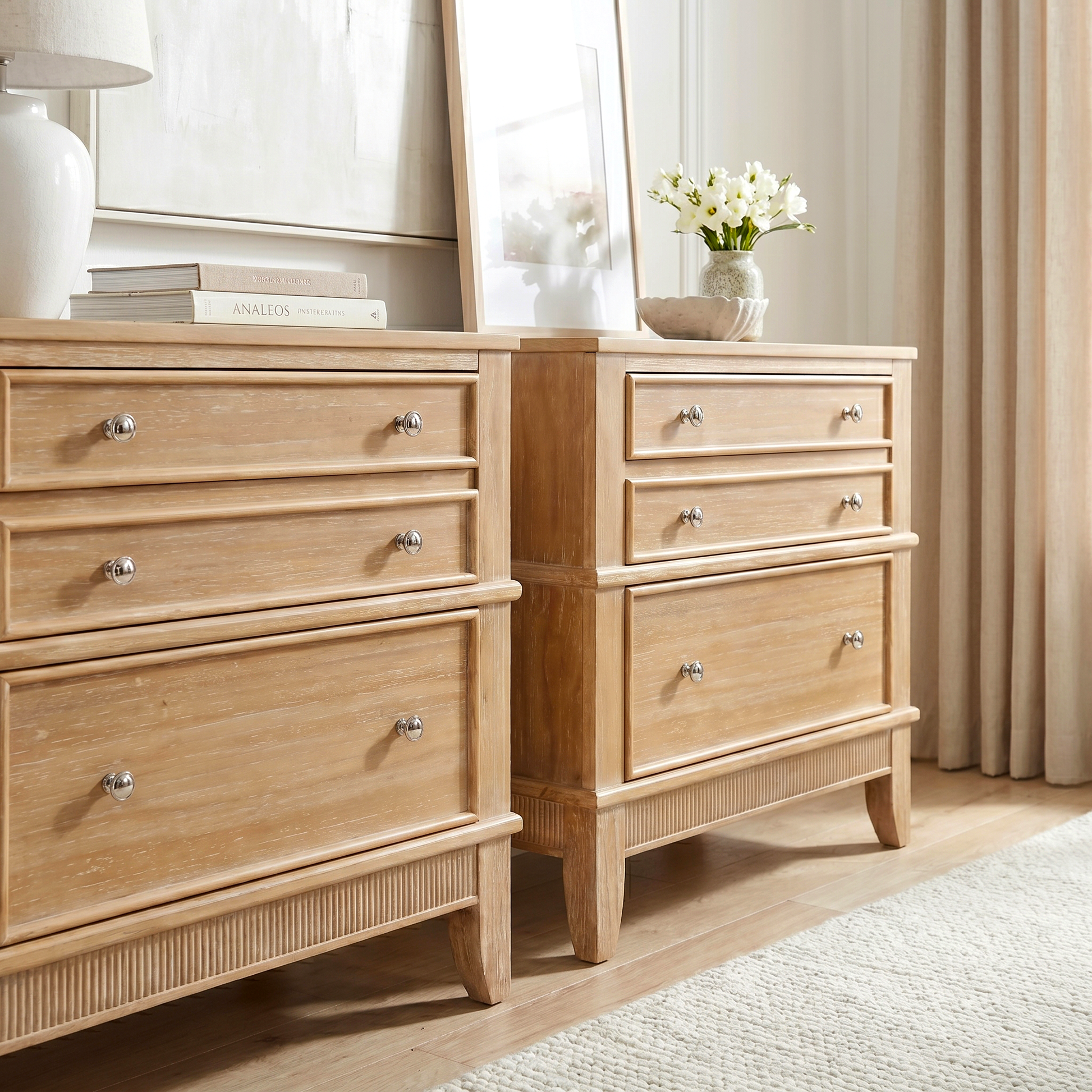 variant-group:rf-n701bs701p183796d|Roomfitters 3 Drawer Farmhouse Wood Nightstand Set of 2, Fully Assembled Bedside Accent Side Table, Felt Lined, Hazel