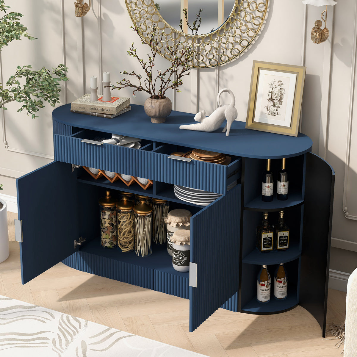 variant-group:rf-n711p345168v|Roomfitters 55.1" Oval Sideboard Buffet Cabinet with 2 Drawers & Wine Rack, Mid-century Modern Fluted Accent for Dining, Blue