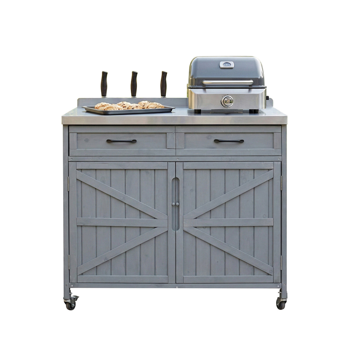 variant-group:rf-n707p370273g|Roomfitters 39.4" Grill Cart, Outdoor Kitchen Island with Stainless Steel Top, BBQ Prep Station with Storage Cabinet, Grey+Blue