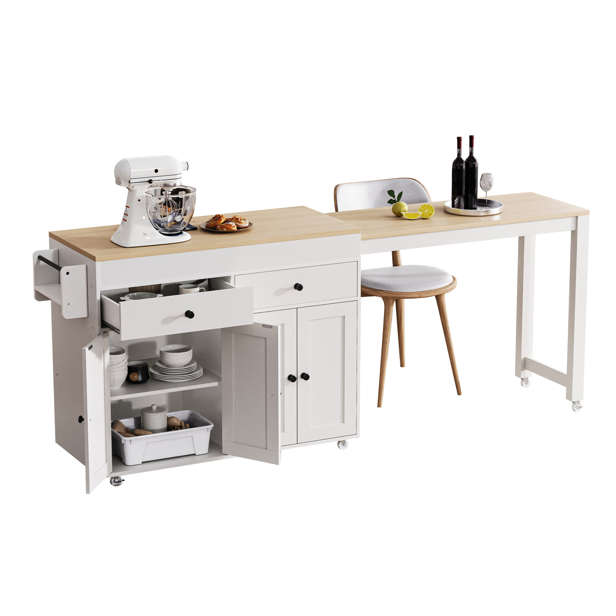 variant-group:rf-n707s000009w|Roomfitters 74.5" Kitchen Island with Extendable Table, Rolling Cart with Spice Rack, Storage Cabinet, White