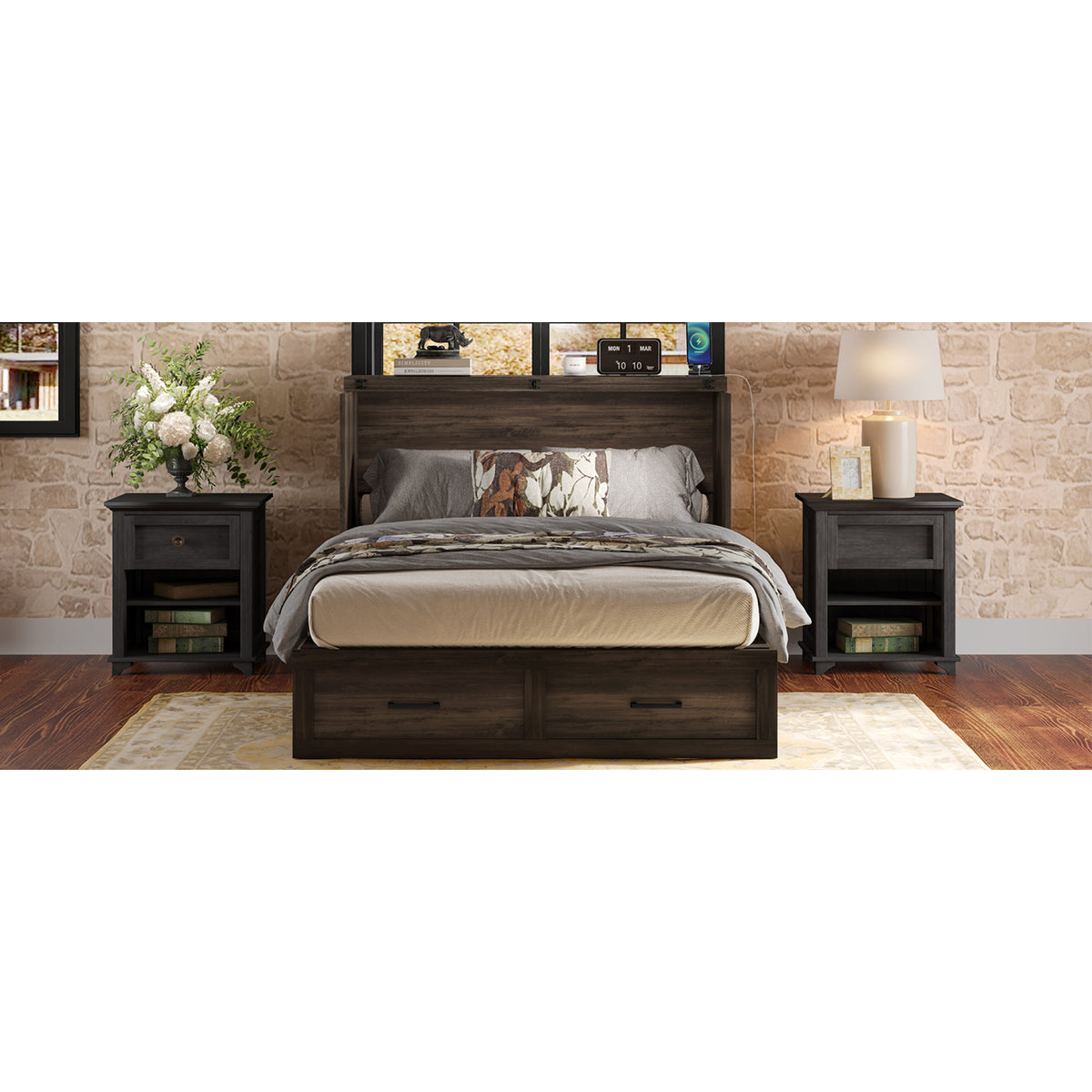 variant-group:rf-n733s237853g|Roomfitters Full Size Farmhouse Murphy Cabinet Bed with Charging Station, Foldable Platform Bed with Large Storage for Guest Room, Small Bedroom, Rustic Gray