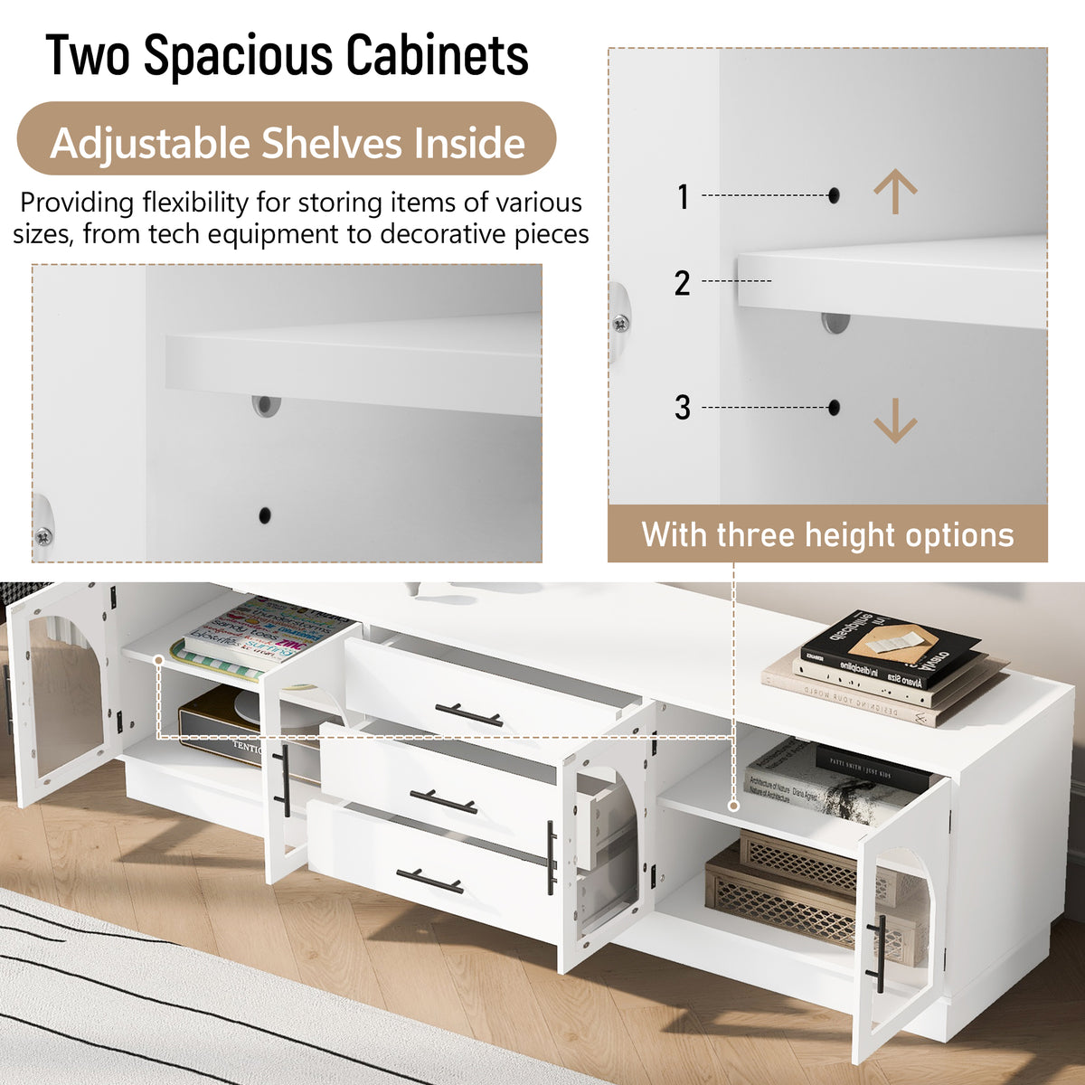 variant-group:rf-n724p284467k|Roomfitters Modern Minimalist TV Stand for up to 75 Inch TV, Entertainment Console Cabinet with Adjustable Shelves, White