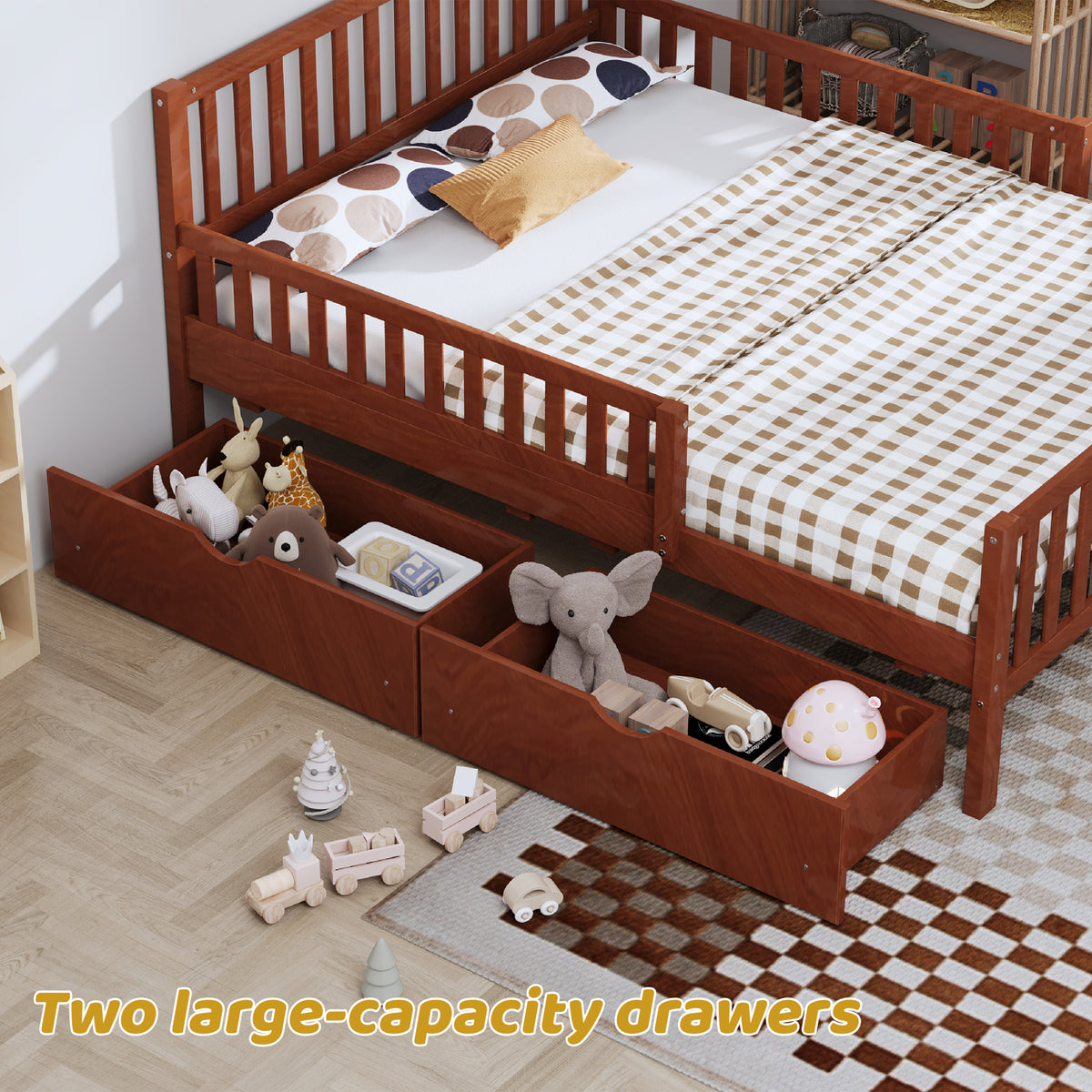 variant-group:rf-n733p172700d|Roomfitters Full Size Wood Platform Bed with Guardrails and 2 Storage Drawers, Walnut