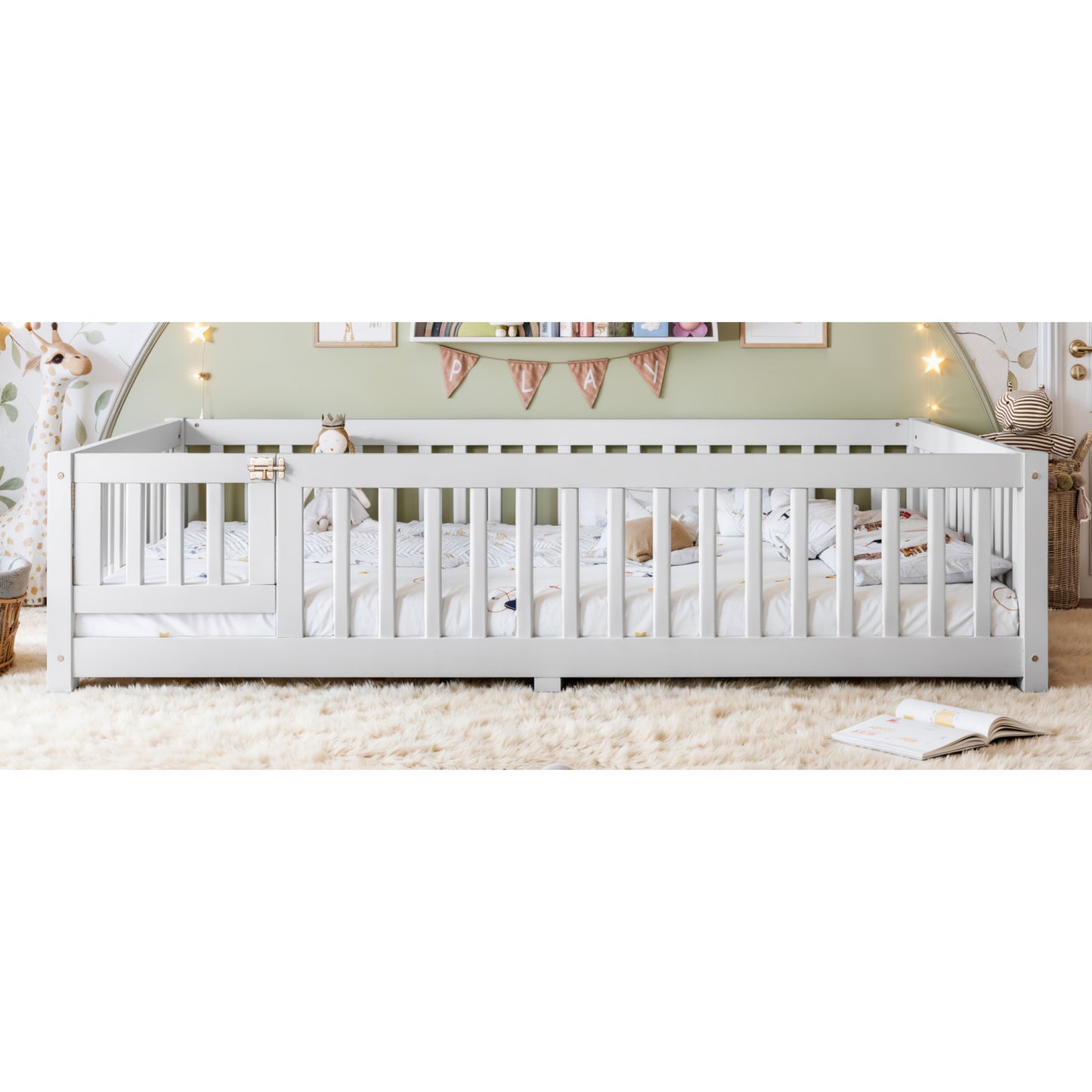 variant-group:rf-w1580p462324|Roomfitters Queen Size Wooden Floor Bed Frame with Safety Guardrails Door, Solid Wood Low Profile Toddler Play Bed, White