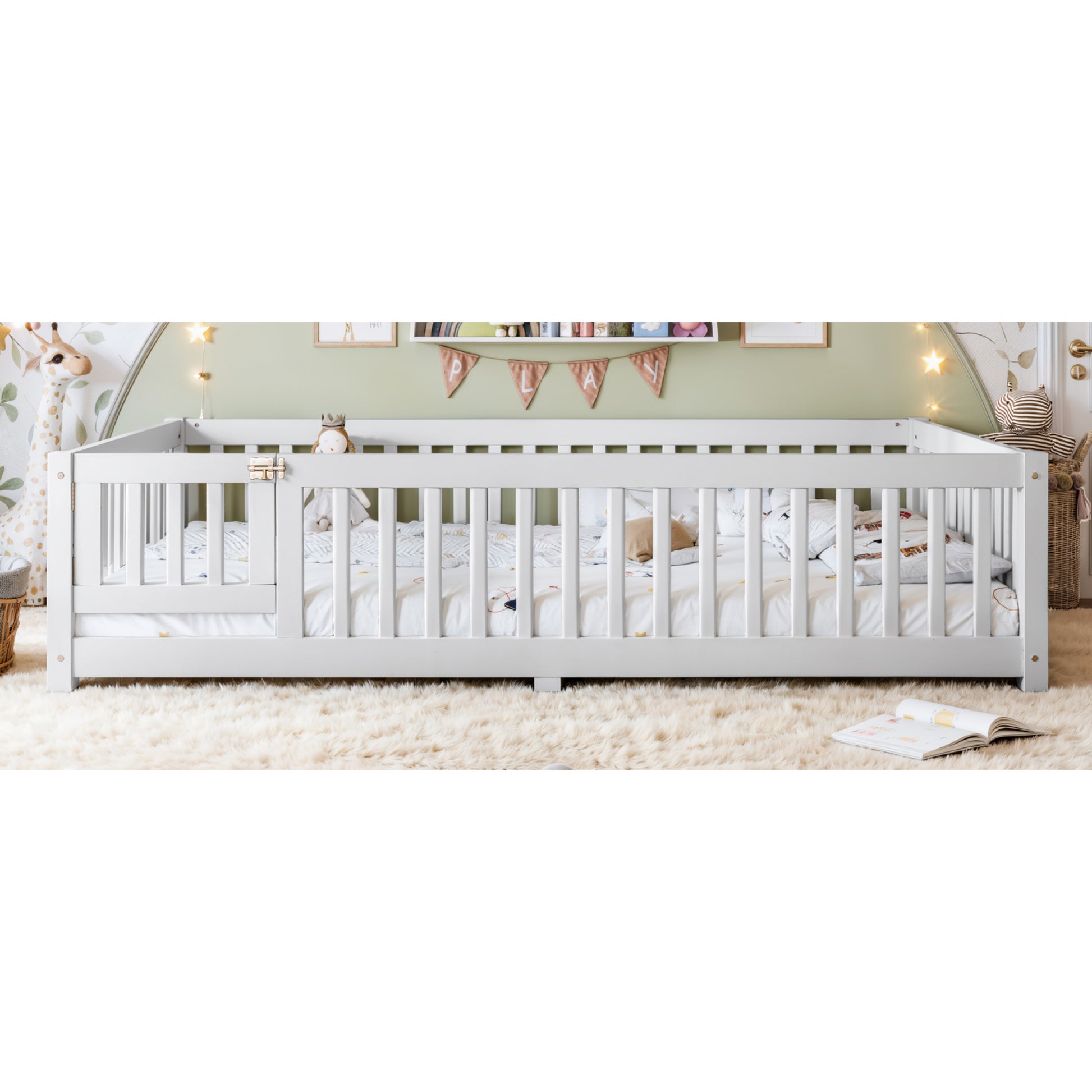 variant-group:rf-w1580p462324|Roomfitters Queen Size Wooden Floor Bed Frame with Safety Guardrails Door, Solid Wood Low Profile Toddler Play Bed, White