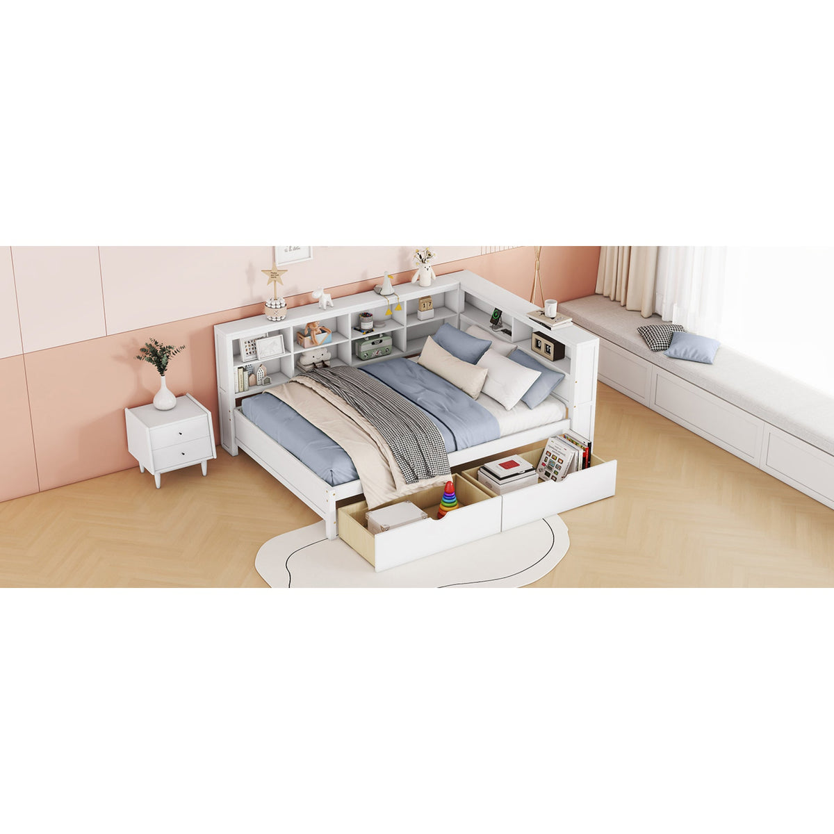 Roomfitters Wooden Full Daybed with Underbed Storage, Built-In Shelf & USB Charging Ports, White