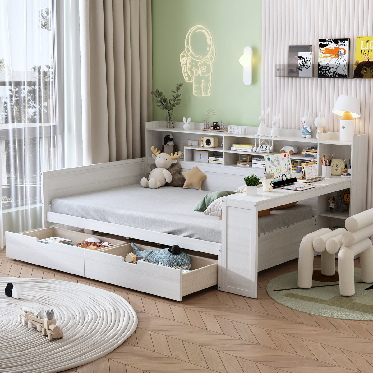 Roomfitters Full Daybed with Storage Shelves, Multi-Functional Bed with Drawers and Study Desk, Antique White