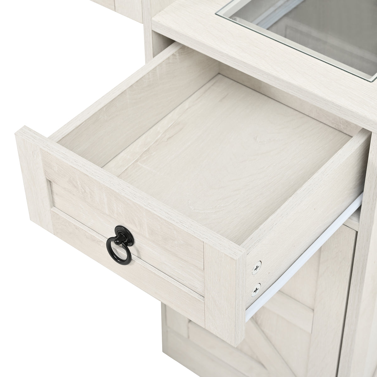 variant-group:rf-n733p340562k|Roomfitters Farmhouse Vanity Desk with Sliding Mirror & Lights, Glass Top, Charging Station, 4 Drawers, 2 Cabinets, Stool, White