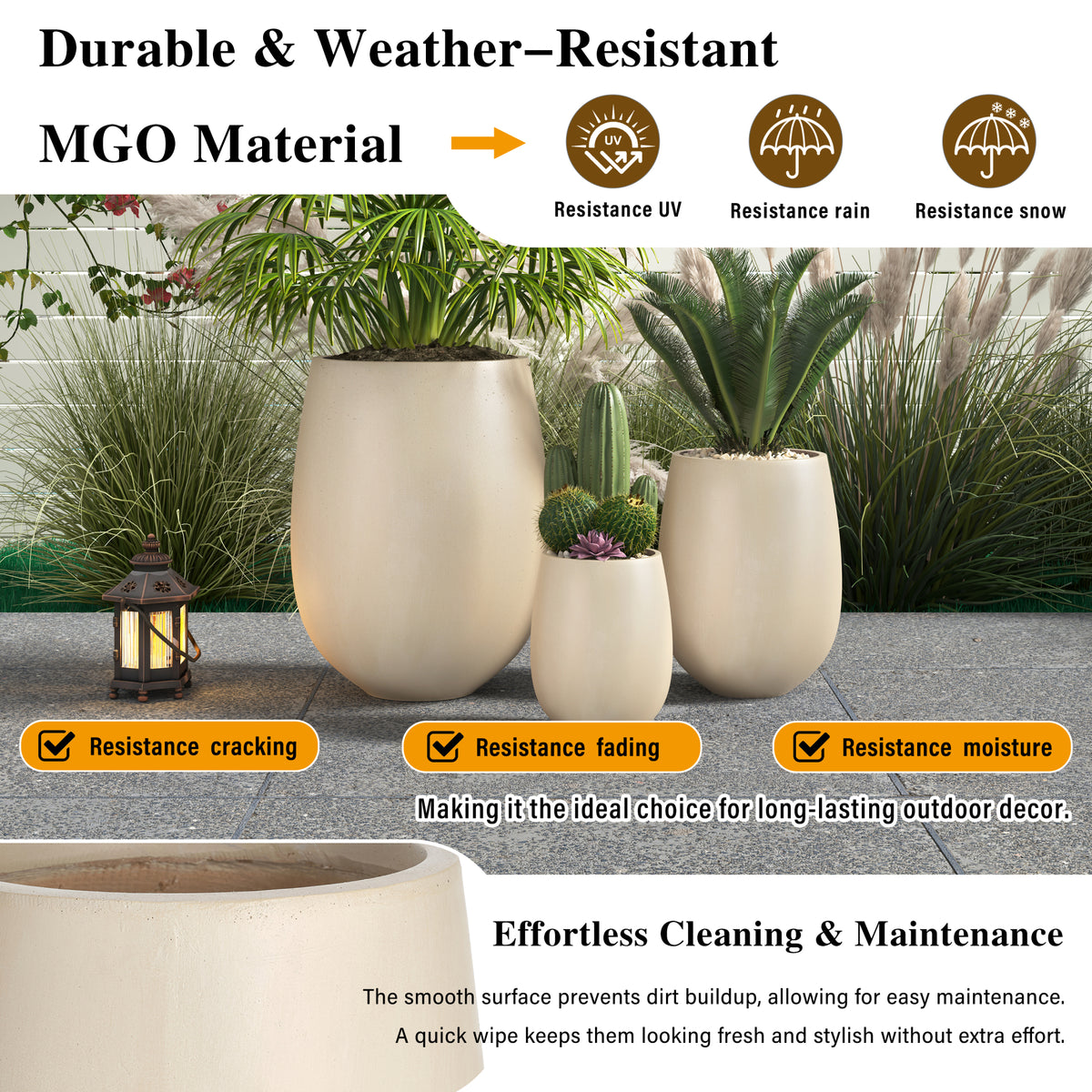 variant-group:rf-n711p406658a|Roomfitters Lightweight Round MGO Planter Set, 3-Piece Graduated Outdoor Flower Pots, Beige Weather-Resistant Urns