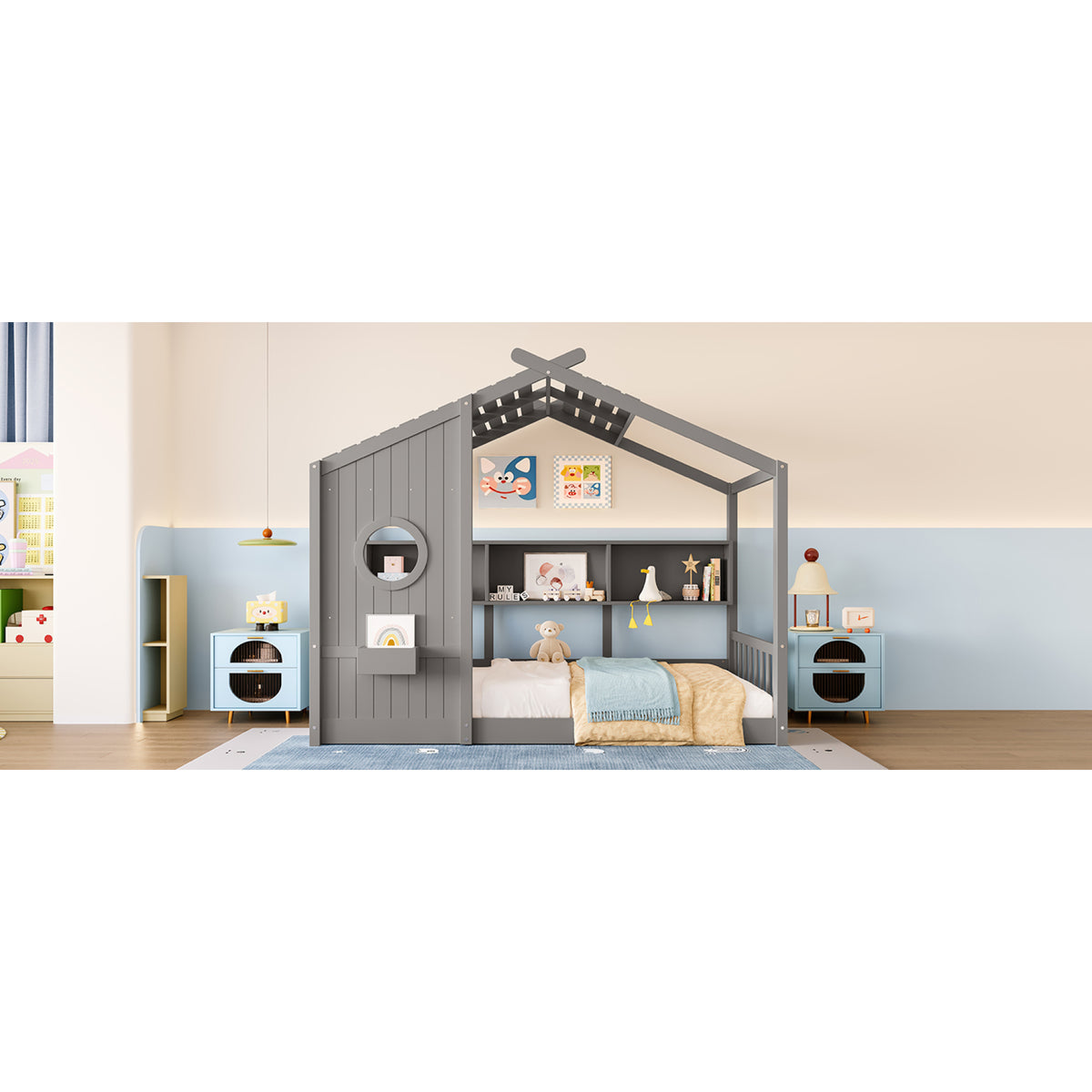 variant-group:rf-n733p335064e|Roomfitters Twin Size Floor House Bed with Storage Shelf and Roof Design, Montessori Playhouse Bed, Gray