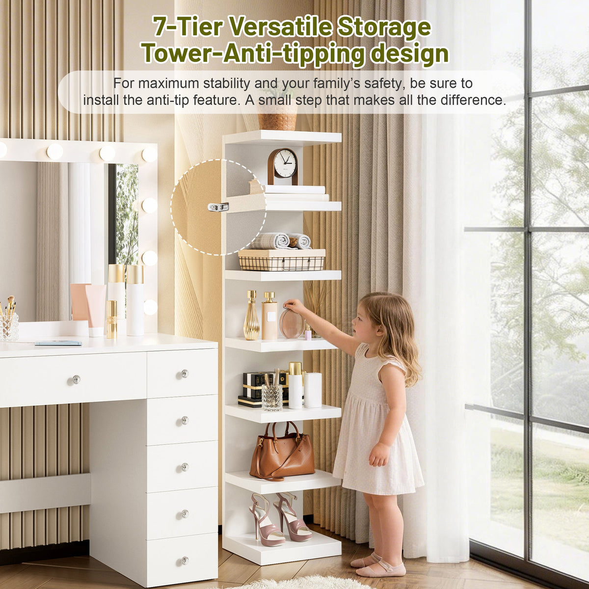 Roomfitters White Makeup Vanity Desk with 11 Hollywood LED Bulbs 7-Tier Side Storage Display Shelves and 11 Drawers Roomfitters