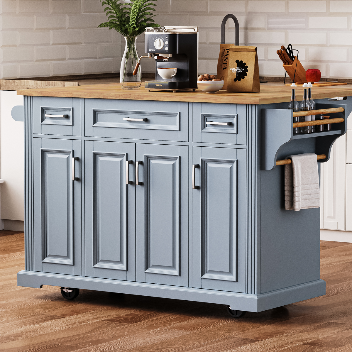 variant-group:rf-n707s195395g|Roomfitters 54" Kitchen Island with Wood Top, Rolling Storage Cabinet with 3 Drawers and 3 Doors, Spice Rack, Grey+Blue
