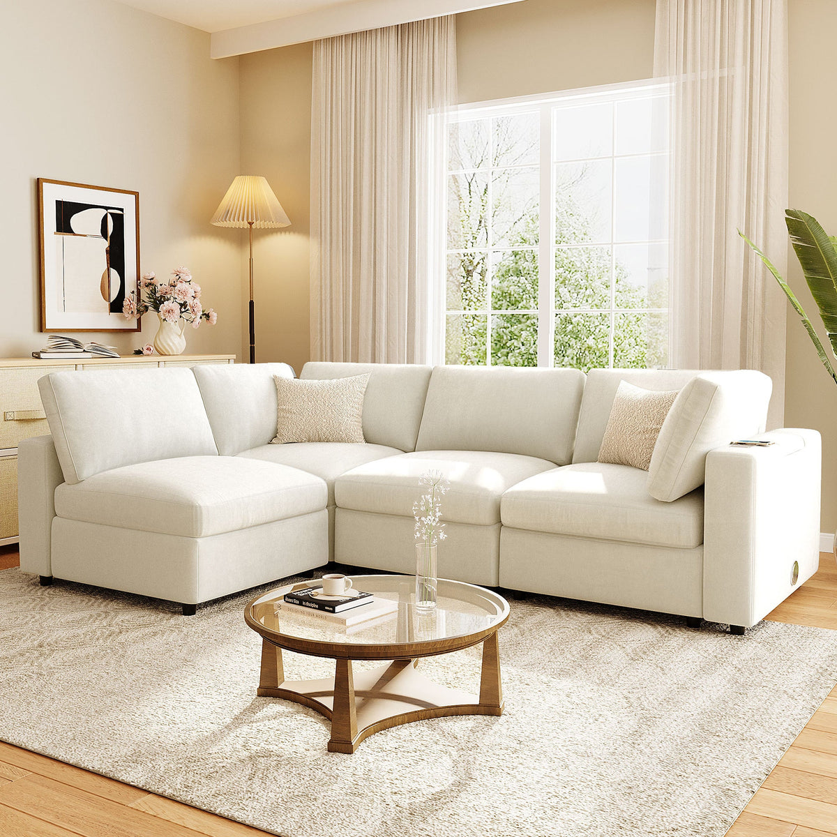 Roomfitters Upholstered Modular Sofa with Storage, 4-Seater Chenille Sectional, Smart Charging Hub, Bluetooth Speaker Roomfitters