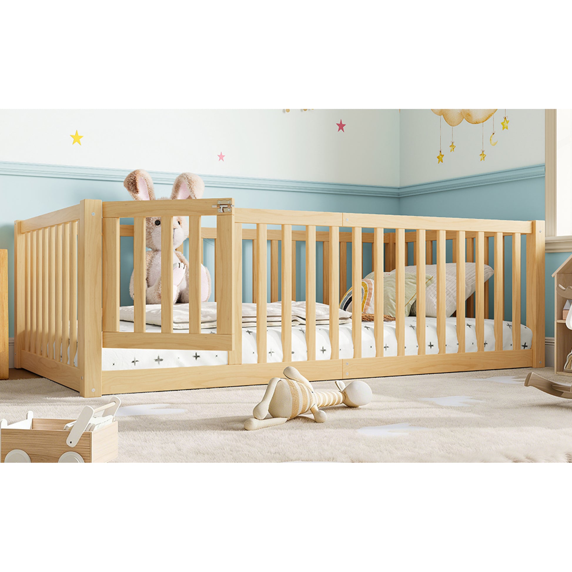 variant-group:rf-w1580p417669|Roomfitters Twin Size Wooden Floor Bed with Safety Guardrails Door, Solid Wood Low Profile Toddler Bed Frame, Natural