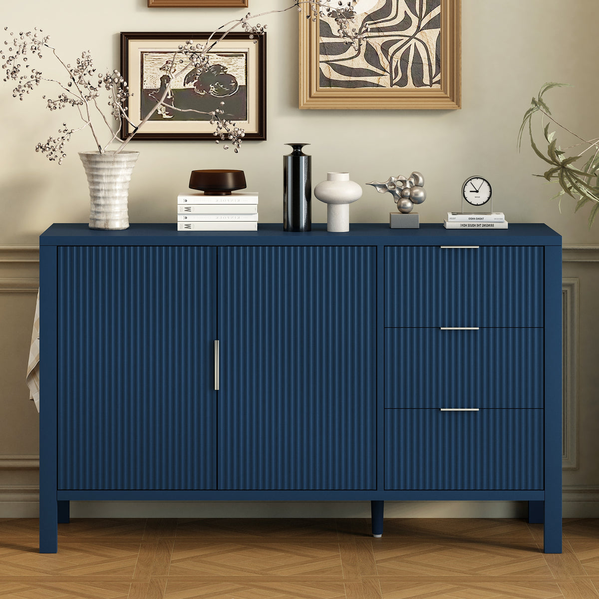 variant-group:rf-n711p345172v|Roomfitters Sideboard Buffet Cabinet with 3 Drawers, 2 Door Mid-century Fluted Accent Storage for Kitchen & Dining, Navy Blue