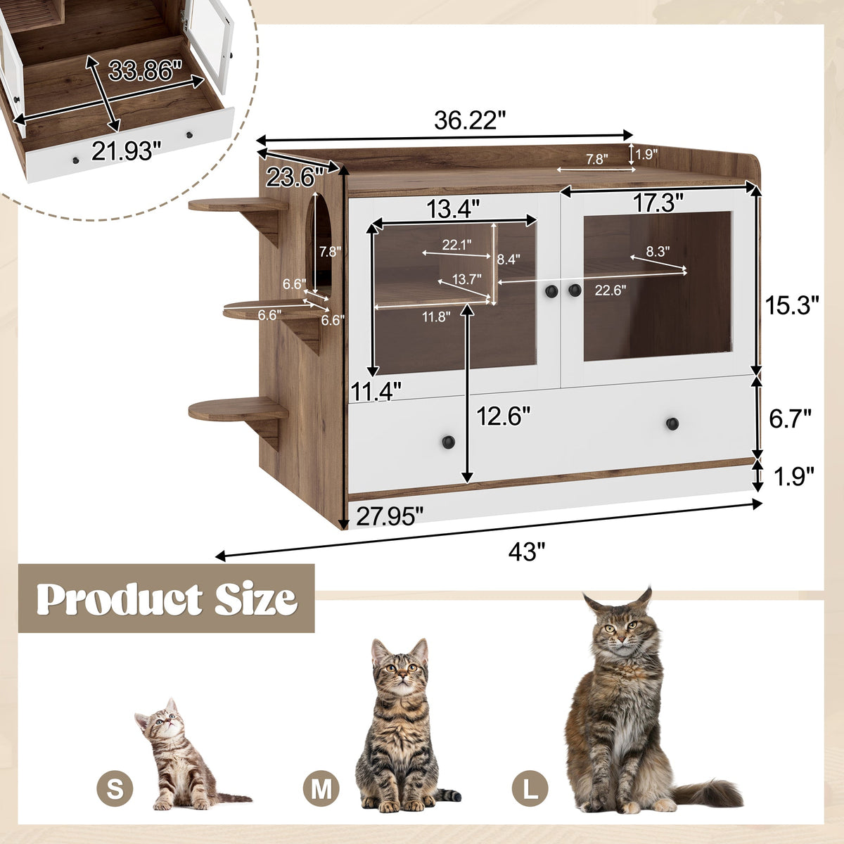 Roomfitters Luxury Cat Litter Box Enclosure Furniture Side Table Cabinet with Deep Cleaning Drawer White Brown Roomfitters