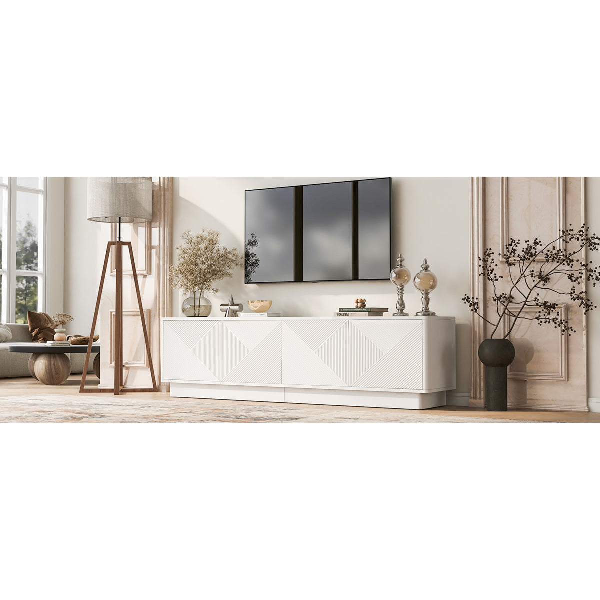 variant-group:rf-n724p426846k|Roomfitters Stylish 4-Door Wave Design TV Console with 16-Color USB LED Light, White