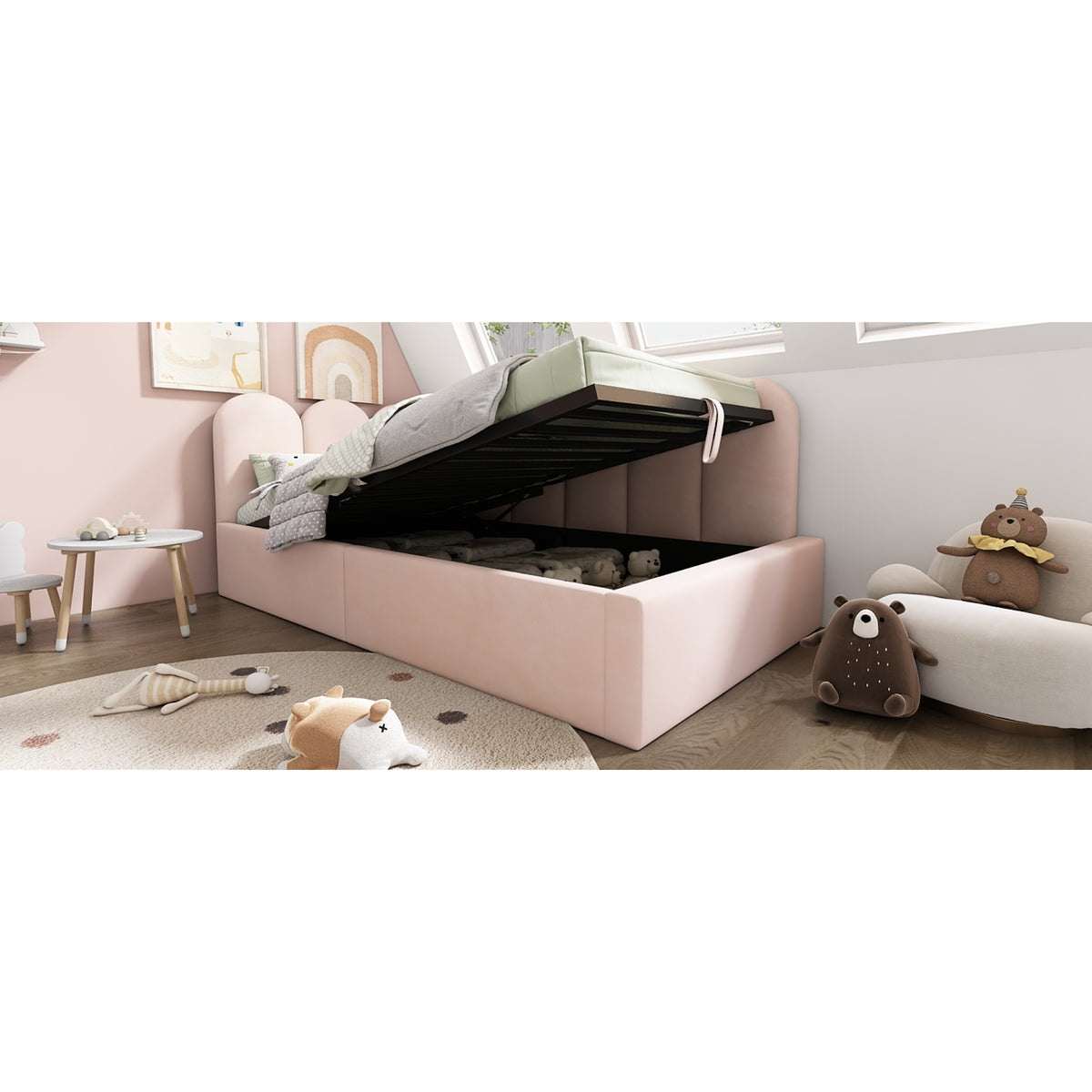 variant-group:rf-n736p333613p|Roomfitters Upholstered Twin Size Ottoman Daybed with Storage, Sofa Bed with Metal Slat Frame, Velvet Pink