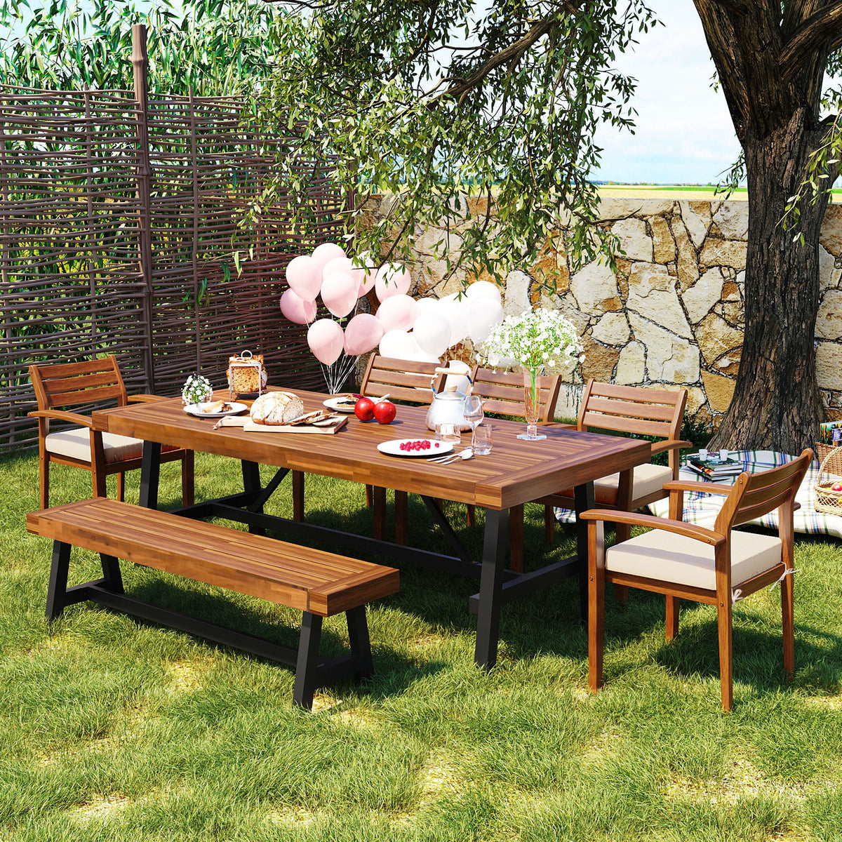 Roomfitters Outdoor Wood Dining Set for 7-8 Person, Outdoor Dining Furniture with Removable Cushions, Ergonomic Chairs and Bench, Thicker Table, Wood Tone Roomfitters