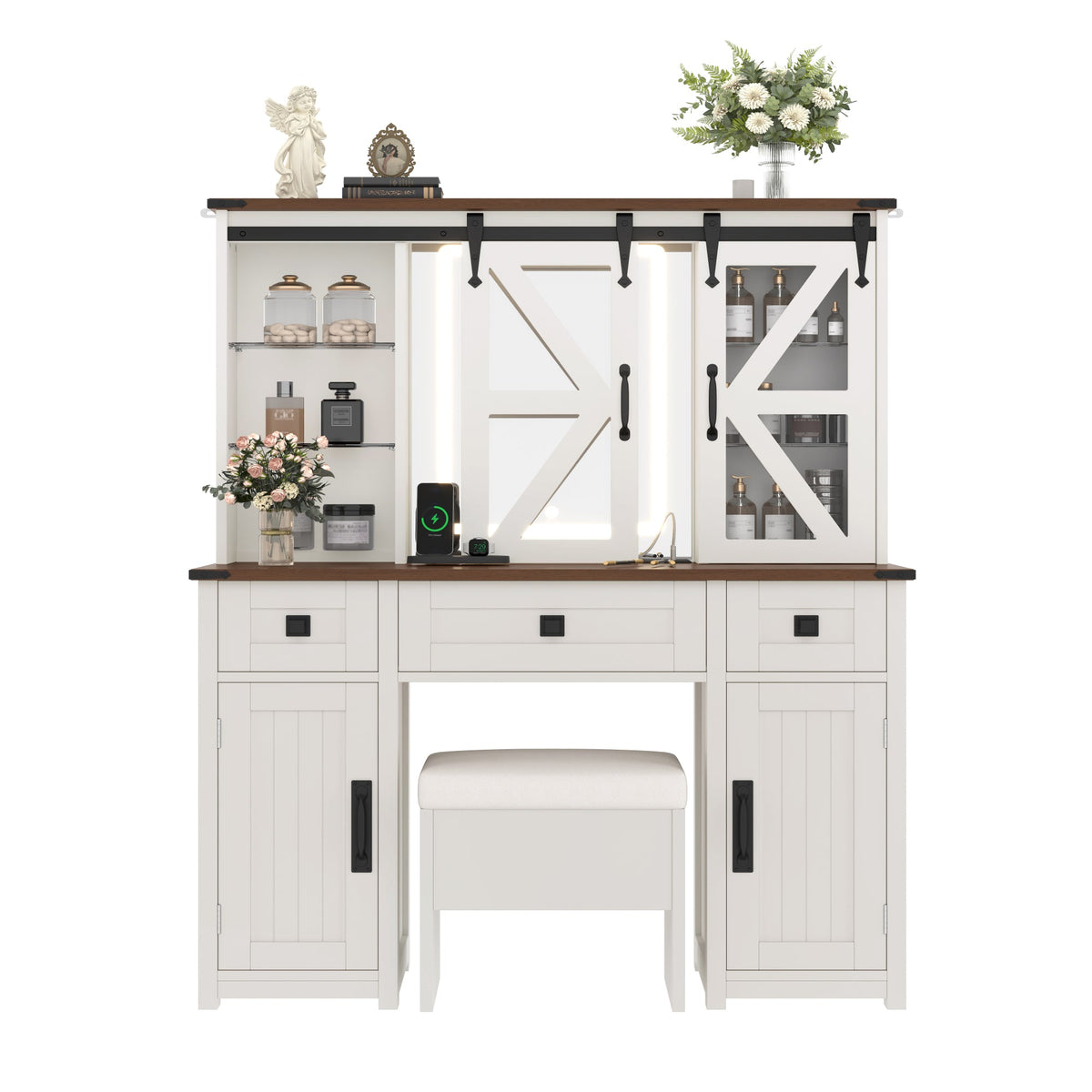 Roomfitters Farmhouse Makeup Vanity Desk with Lighted Mirror, Vanity Table Set with Storage Stool, Charging Station, Beige Roomfitters