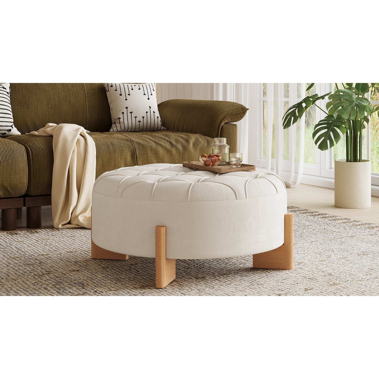 variant-group:rf-n723p405298a|Roomfitters 32 Inch Oversized Round Button-Tufted Ottoman, Upholstered Coffee Table Footrest with Wood Legs, Beige