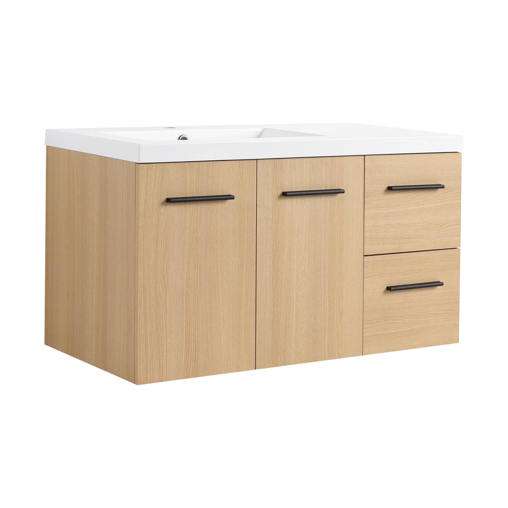 36" Wall-Mounted Floating Bathroom Vanity with Sink, Light Oak, 2-Door & 2-Drawer Modular Cabinet, Gel Coat Sink Top, 3 Boxes Roomfitters