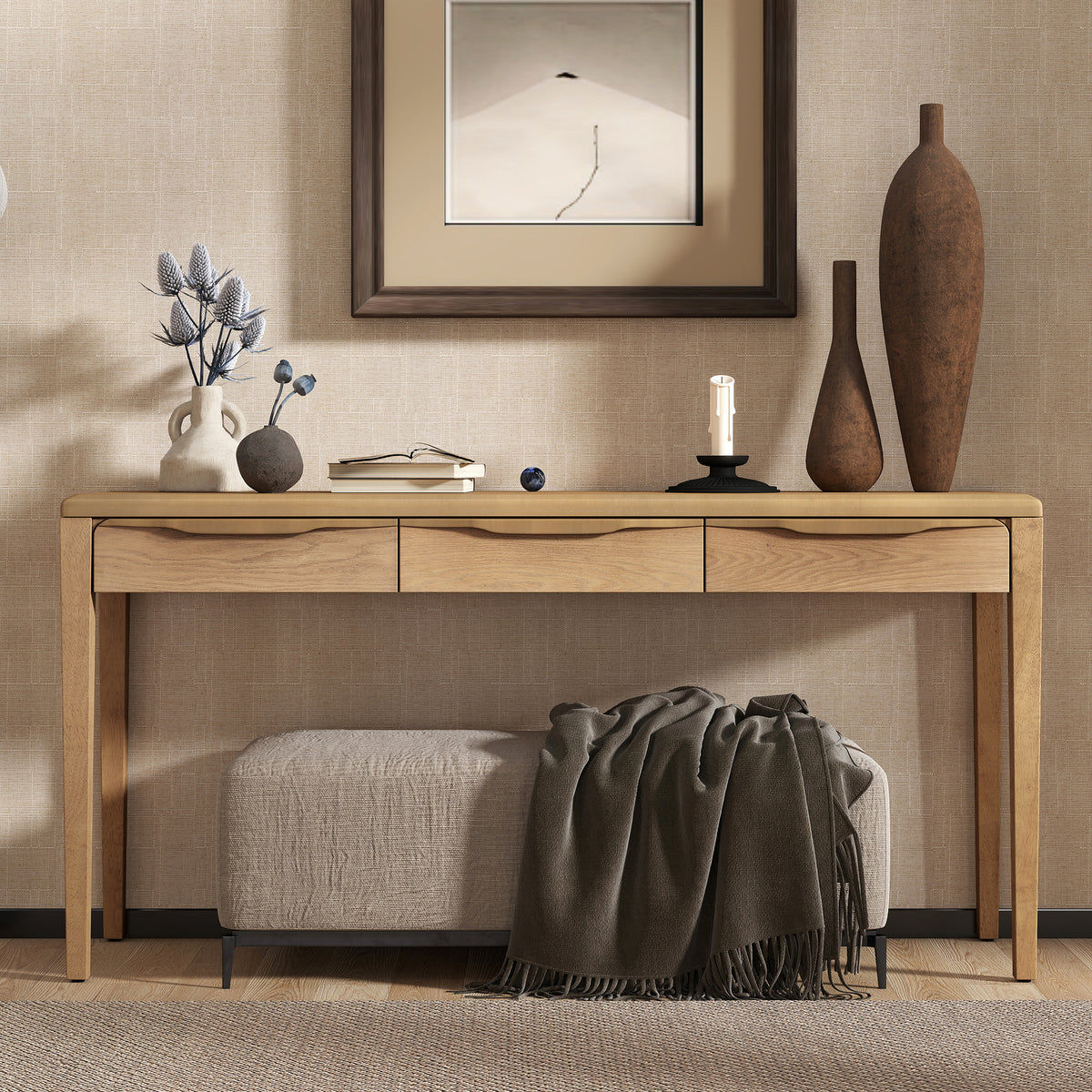 variant-group:rf-n711p401926n|Roomfitters Light Luxury Natural Oak Veneer Console Table with 3 Wavy Curved Drawers and Soft Rounded Corners